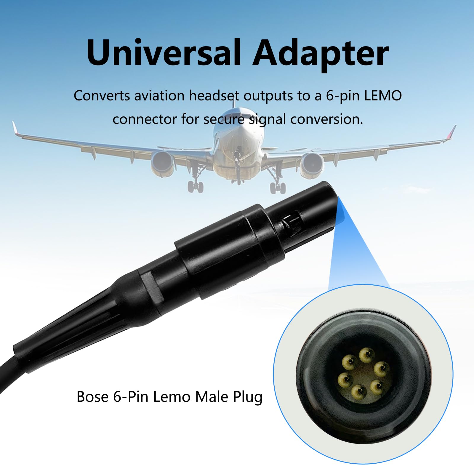 General Aviation - Adattatore per cuffie da aviazione GA a Lemo a 6 pin, per cuffie Bose A20 A30, connettore aereo pilota (1-GA-lemo)