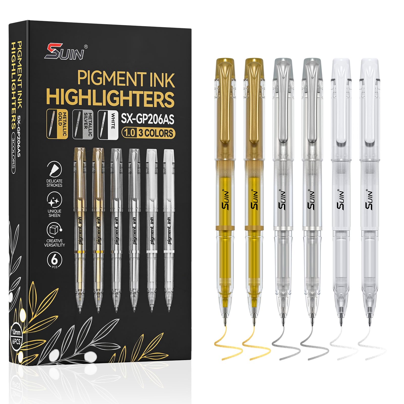 SUIN White Gold Silver Gel Pens for Black Paper, 1.0mm Broad Point Opaque Metallic Ink Pens for Wedding Guest Books, Greetings Cards, Scrapbooking & Art Highlights, Cap-Style (6 Pack)