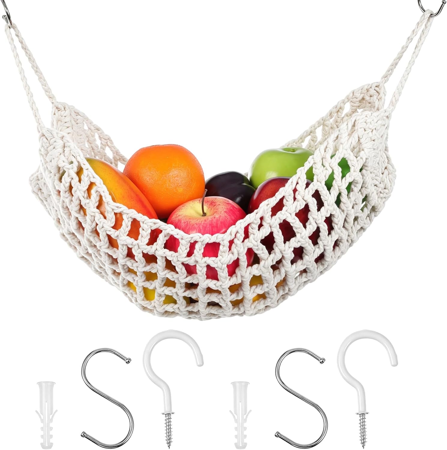 Jeffdad Hanging Fruit Hammock Under Cabinet Macrame Fruit Basket with Hooks