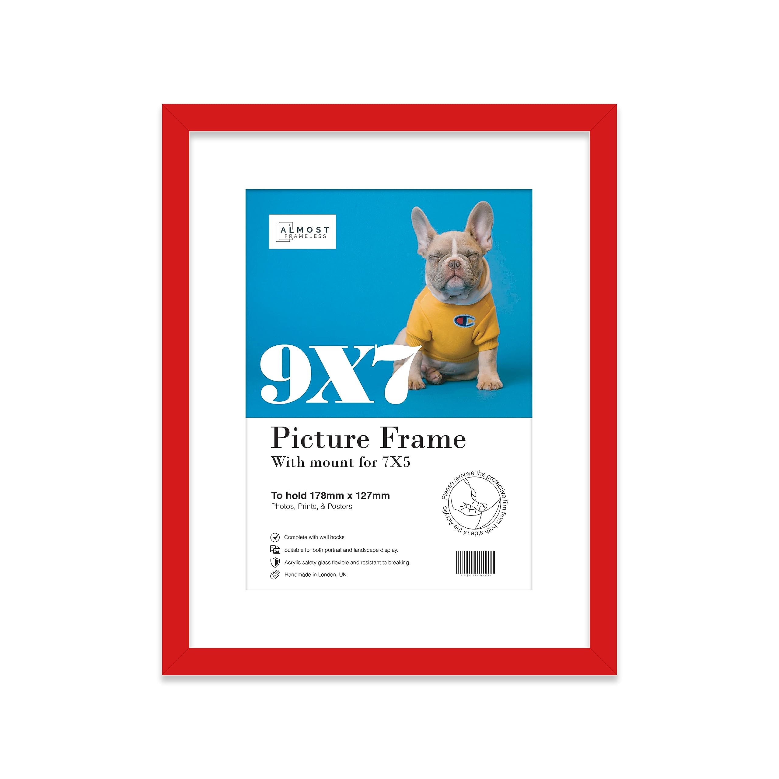 Almost Frameless Red 9X7 Picture Frame With Mount For 7X5 Print, Poster Or Photo Poster, Photo, Artwork, Or Print. Thin Edge Slim Frame Portrait And Landscape Display With Wall Hooks