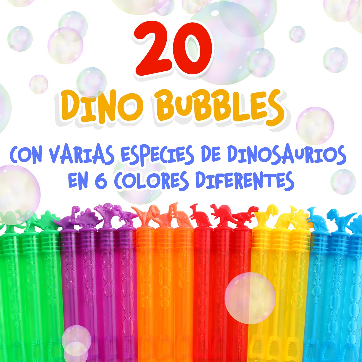 Magicat Dino - Juego de 20 pompas de jabón con diseño de Dinosaurio, en 6 Colores, para cumpleaños Infantiles, Bodas, Halloween, Mini Burbujas de Juguete como obsequio para niños — view 7