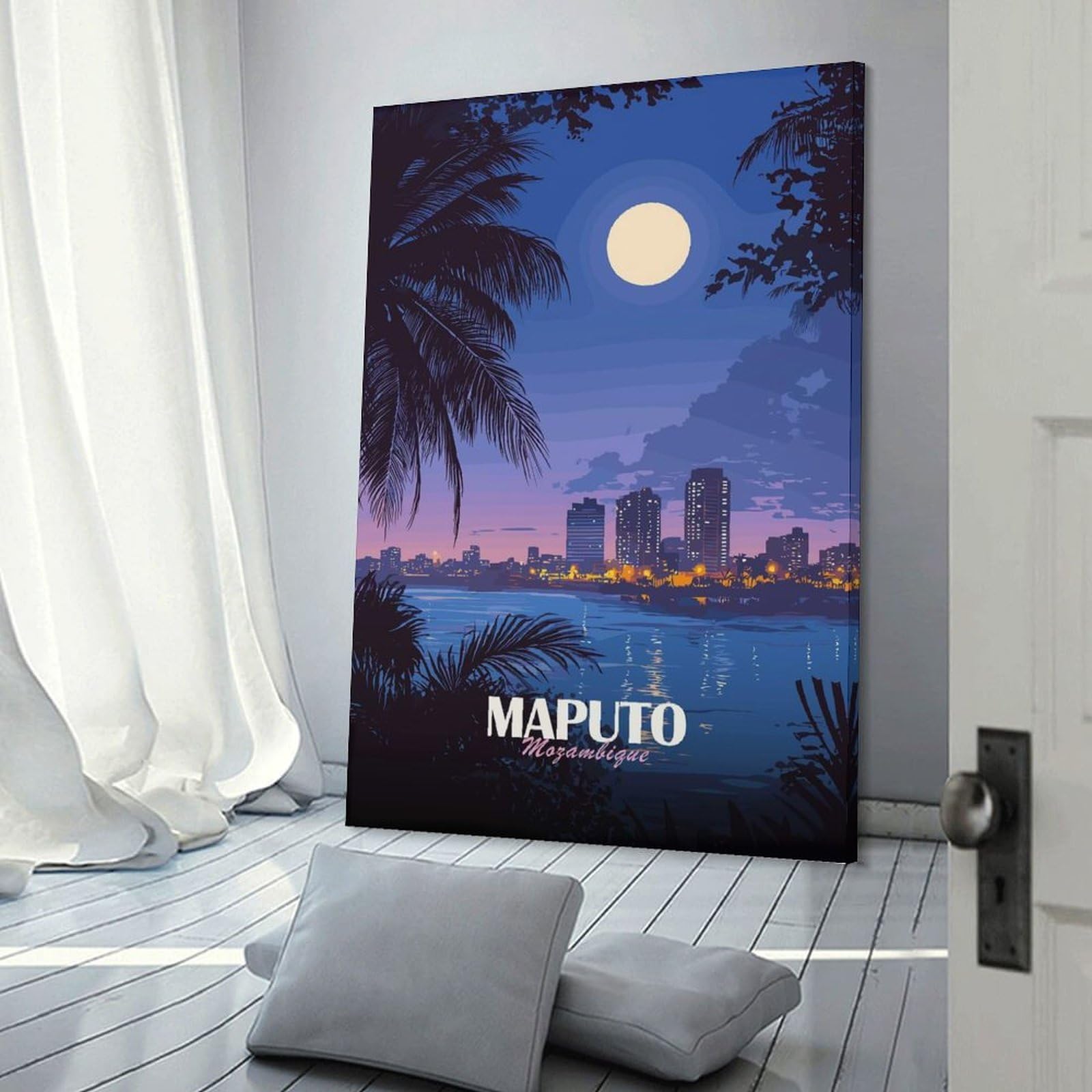 Junmoney Wall Picture Print Maputo Mozambique Cityscape at Night, 08x12inch(20x30cm), for Wall Displays, Bedrooms Or Room Updates, Wall Decor Suited to Curated Displays