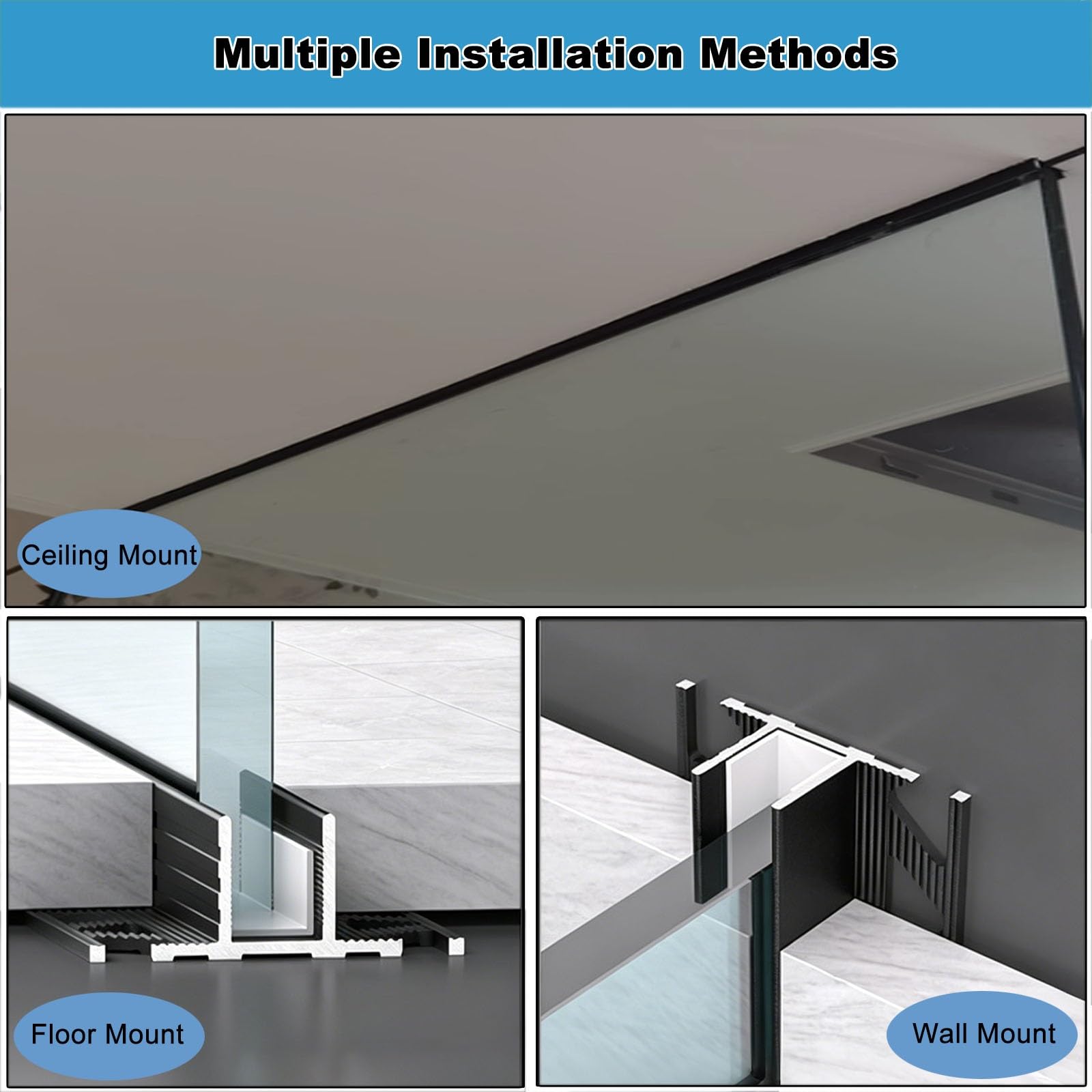 Canal de aluminio para cristal tipo T, resistente a la oxidación | Junta protectora de PVC integrada, apta para cristales de 8, 10 y 12 mm de grosor para oficinas(12mm Black,300cm/118.1")
