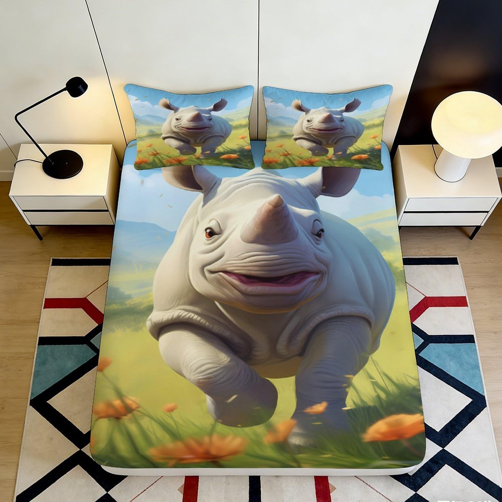 3D Printed Cartoon Rhino Fitted Sheet Microfiber Soft Animal Meadow Bed Cover for Bedroom Dorm Mattress Decor 90x200x25cm