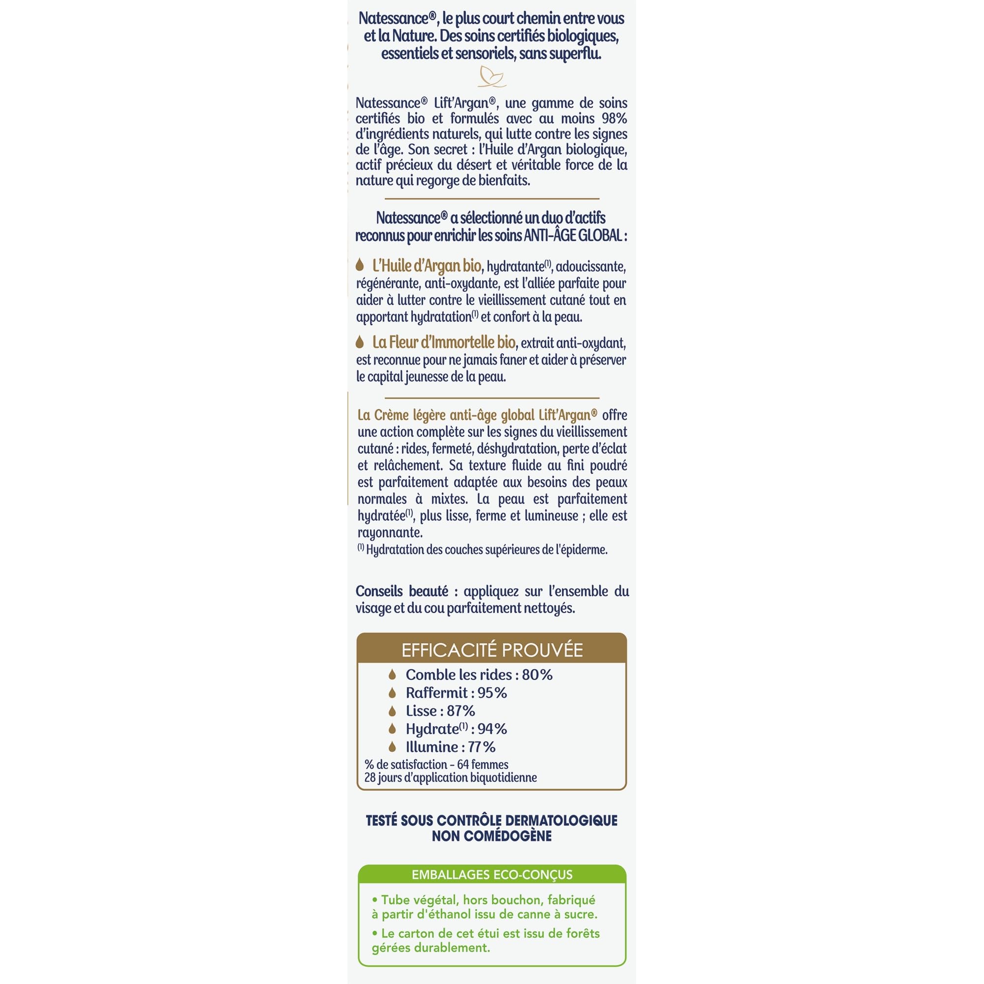 Natessance | Crème Légère Anti-Âge Global – Lift’Argan | Action complète sur les signes du vieillissement cutané : rides, fermeté, sécheresse | Peaux normales à mixtes | 98% d’origine naturelle|50 ml