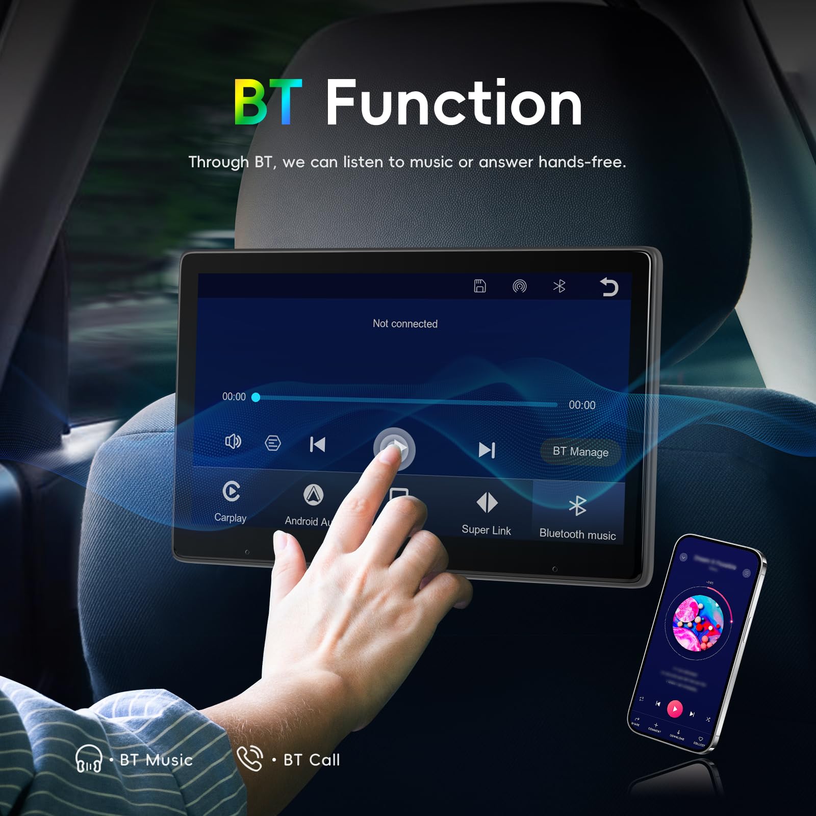 CAMECHO 10.1 Pouces IPS HD Écran Tactile Lecteur Portable Voiture, Moniteur Vidéo avec Appuie-tête Compatible Wireless Carplay/Android Auto Super Link Bluetooth FM, Type-C/USB Plug&Play+64G/Carte TF