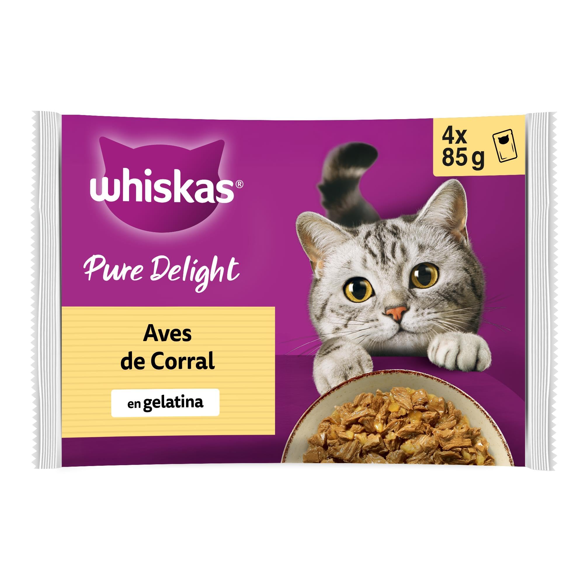 WHISKAS Comida húmeda en gelatina Gatos Adultos Tiernos bocados Ave - 13 x 4 bolsitas x 85g