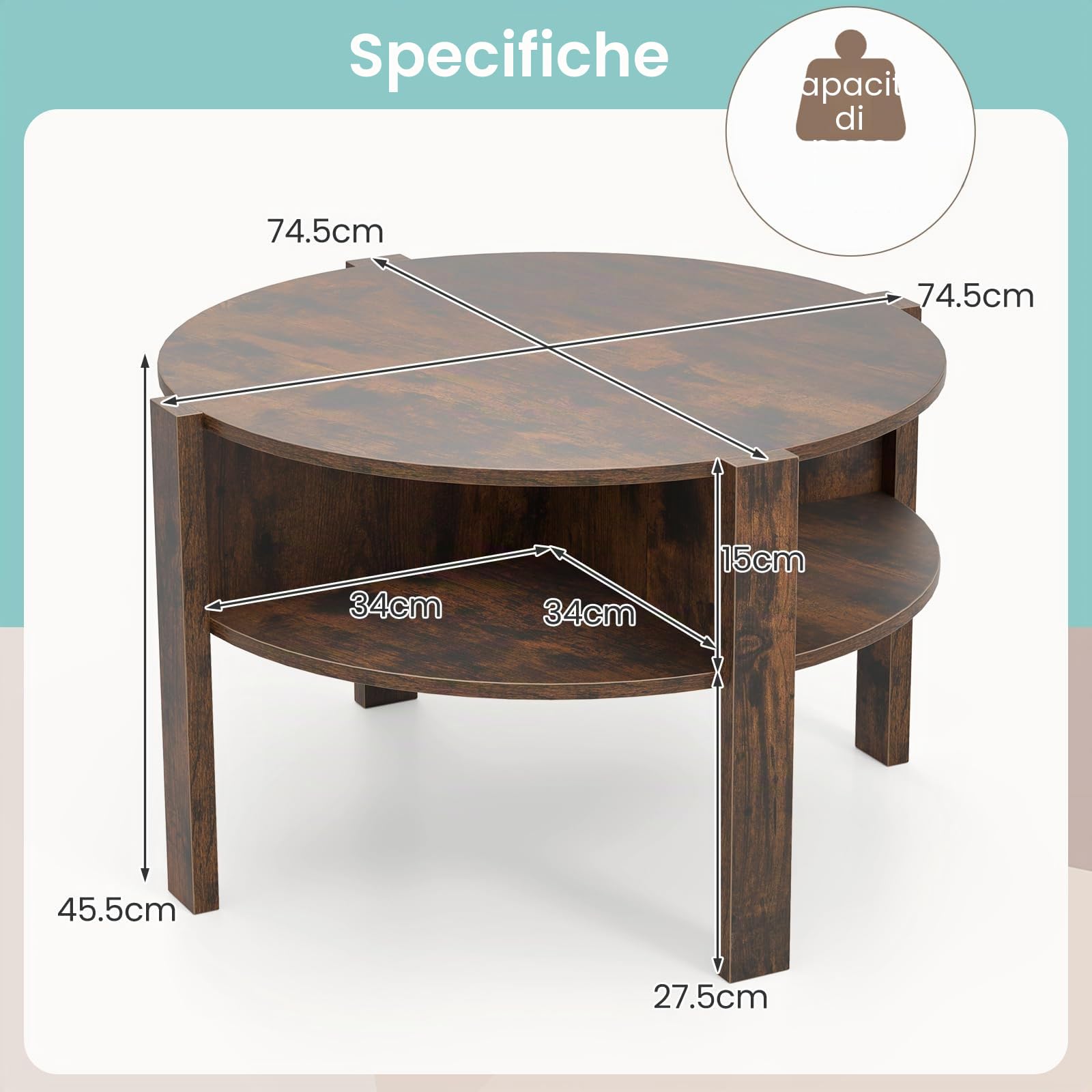 LIFEZEAL Tavolino Salotto Rotondo a 2 Ripiani con 4 Scomparti Aperti, in Legno, Tavolino da Caffè, Divano, Tavolo Soggiorno, Industriale, Salvaspazio, Semplice, Ø74,5x45,5cm, Max 100kg, Marrone
