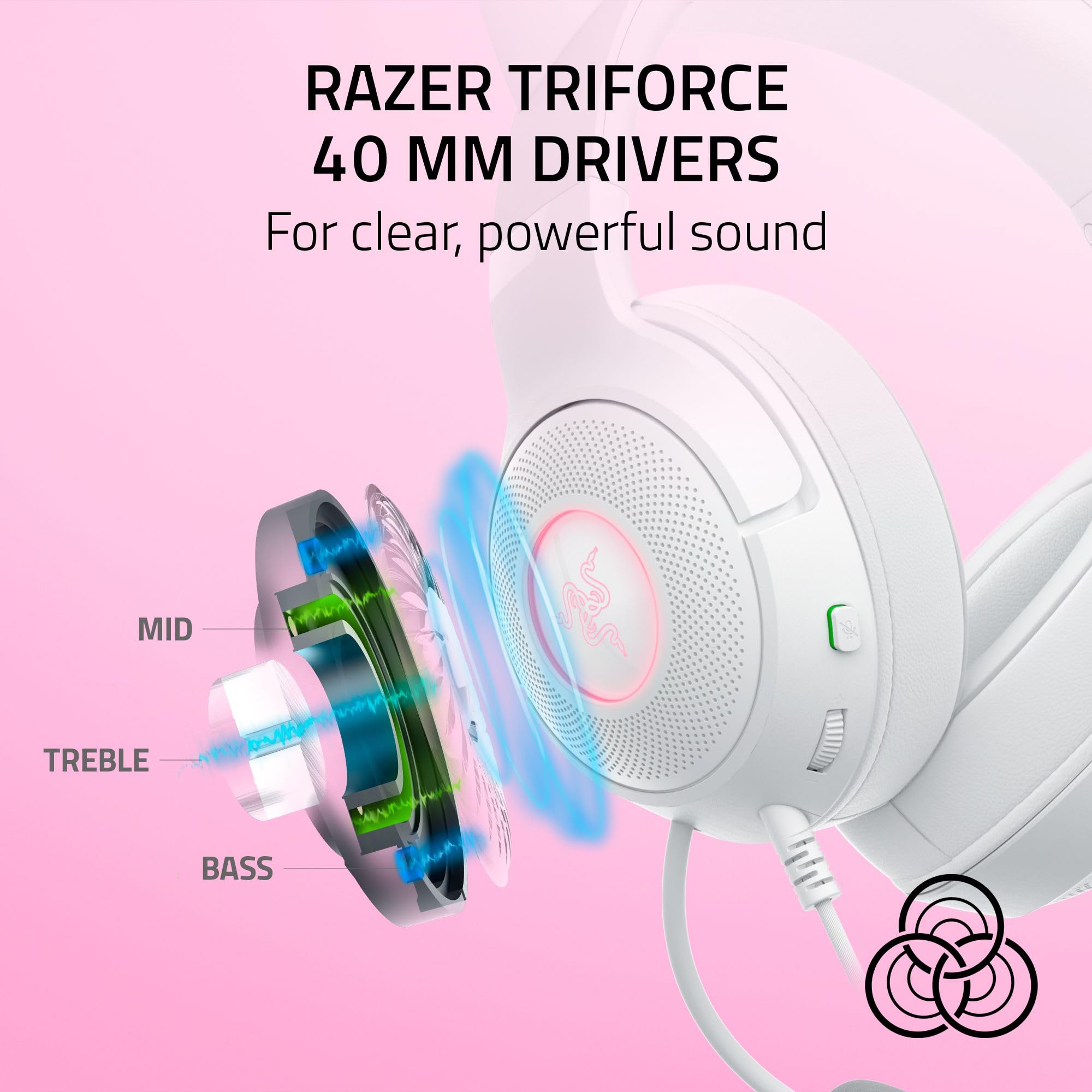 Razer Kraken Kitty V2 USB Wired Headset: Chroma RGB Kitty Ears - Stream Reactive Lighting - HyperClear Cardioid Mic - 40 mm Drivers - 7.1 Surround Sound - Comfortable Ear Cushions -: White