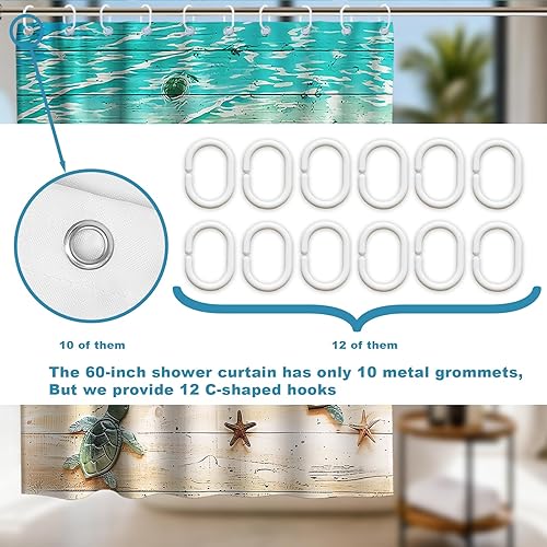 Vista 290 de Cortina de ducha de tortugas marinas, temática náutica de playa, verde y verde azulado, sin ganchos, punto gofre y forro desmontable, decoración