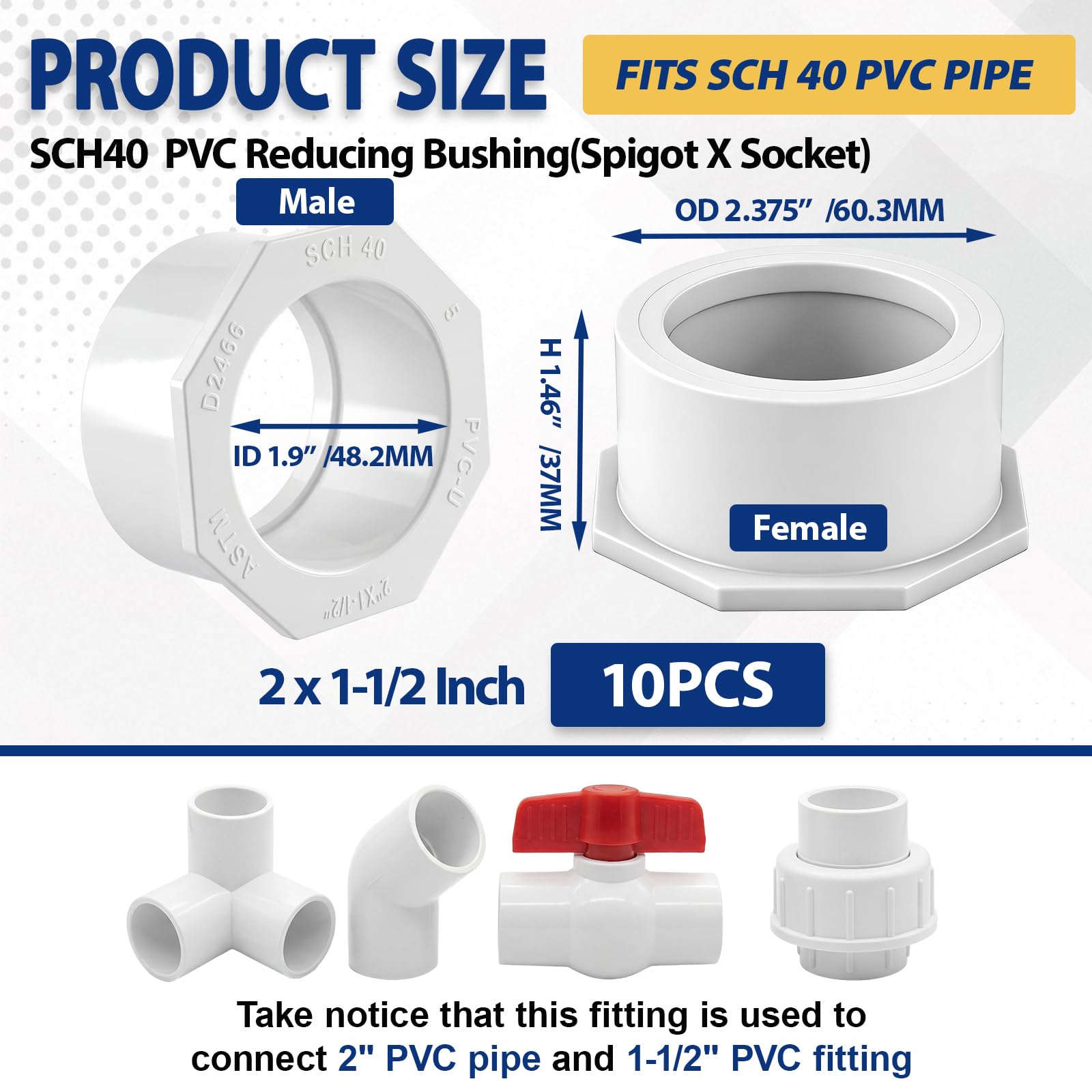 10 bujes reductores de PVC de 2 x 1-1/2 pulgadas para conexión de fontanería (espiga x enchufe) Sch 40 presión de PVC duradero para uso doméstico o industrial