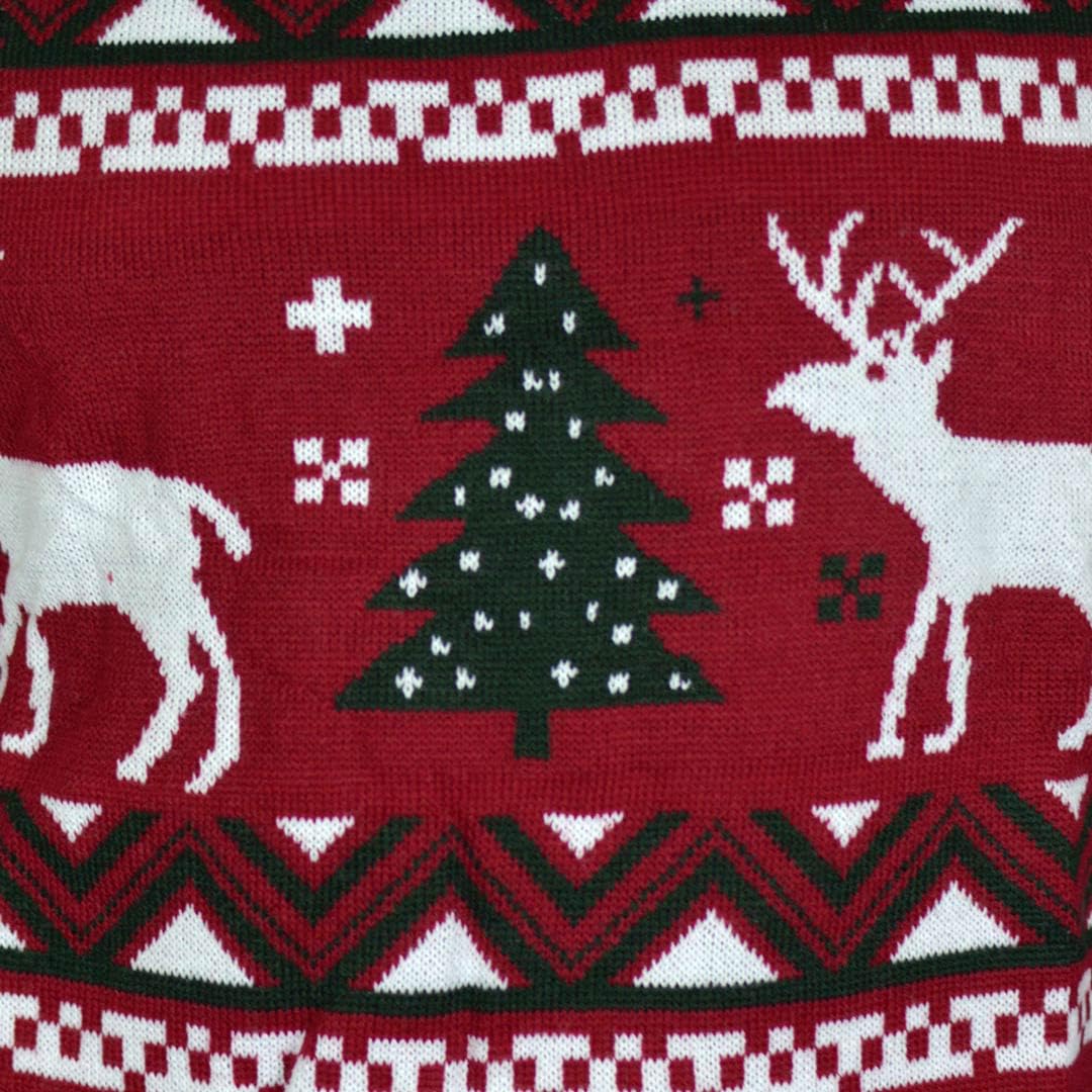 Jersey Navideño Rojo Árboles de Navidad y Renos para Mujer, Hombre y Niños