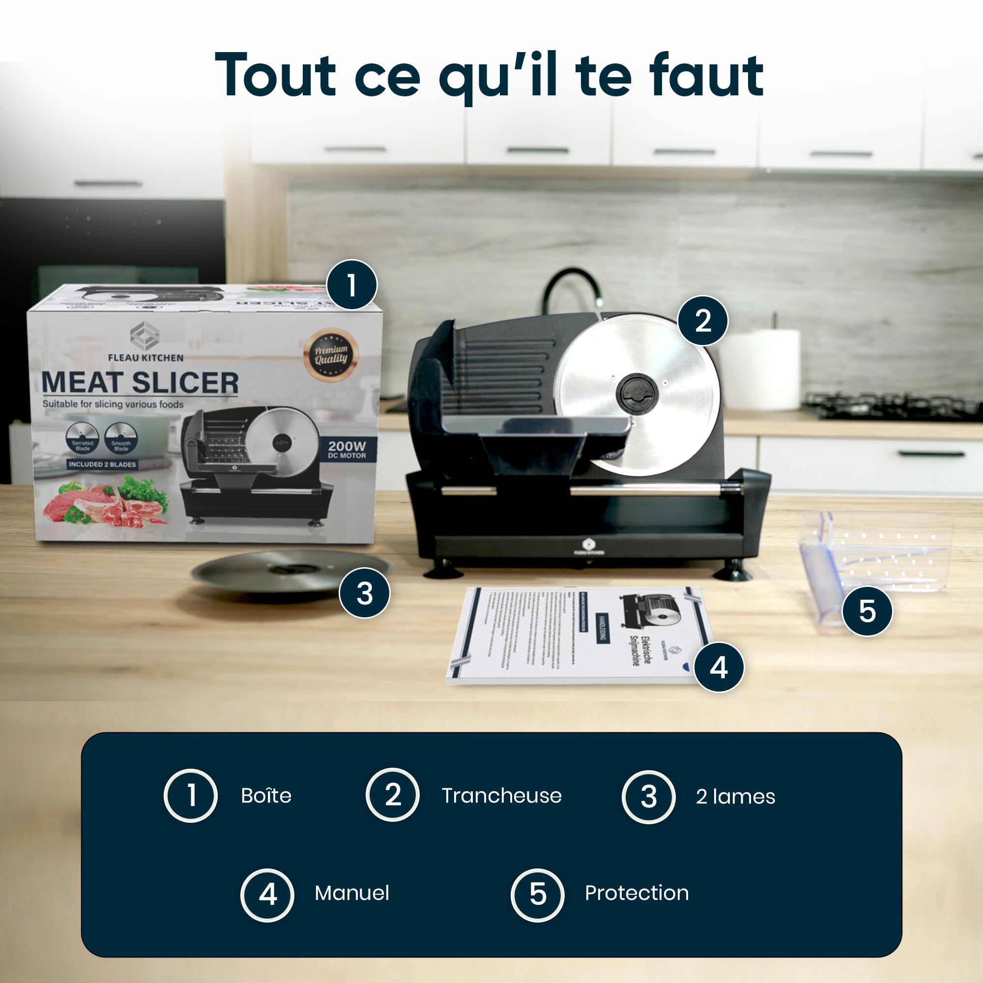 Trancheuse à viande professionnelle Fleau Kitchen - Comprenant 2 lames de coupe en acier inoxydable - Épaisseur réglable - Multifonction - Moteur puissant - Coupe tout usage - Coupe fine