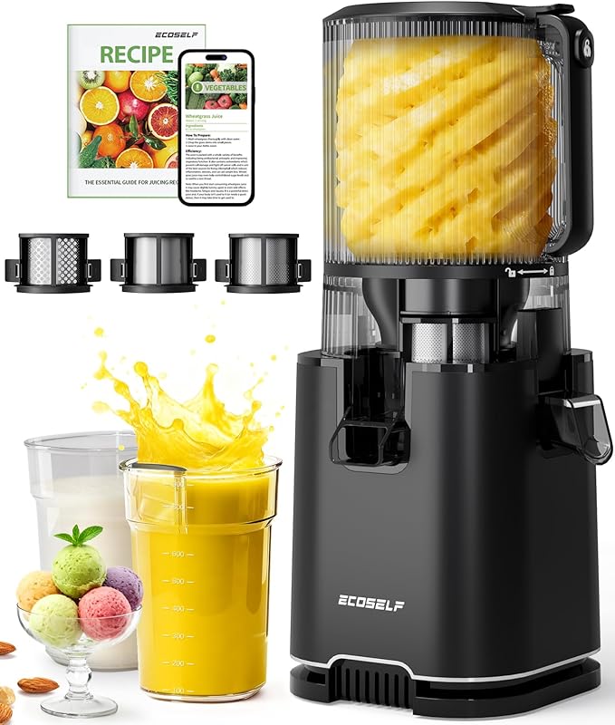 ECOSELF Cold Press Juicer with 3 Filters, showing the main unit with a wide feed chute and containers.
