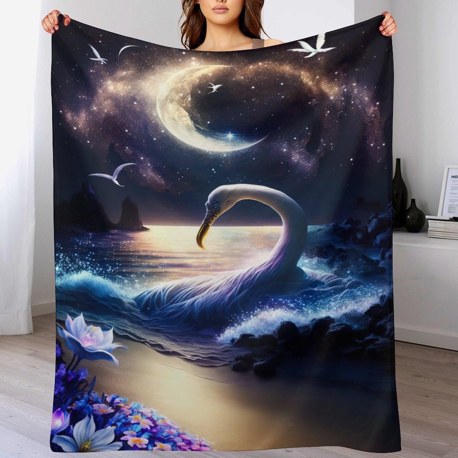 Couverture polaire cygne en flanelle moelleuse et finitions soignees