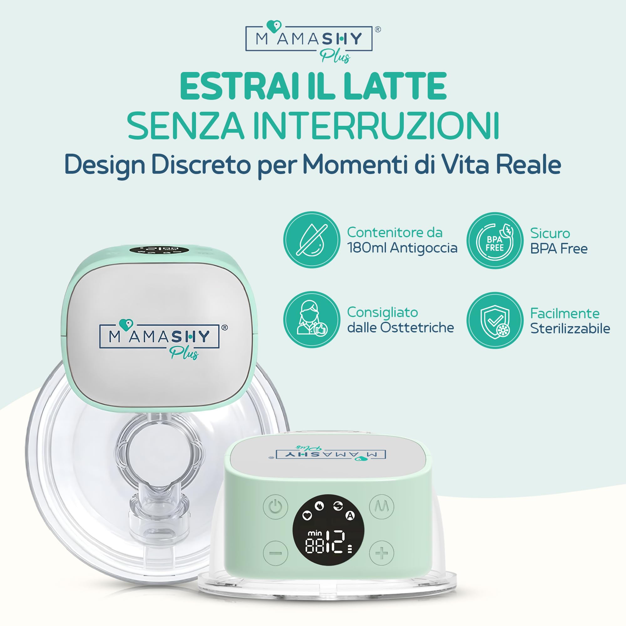 MAMASHY Plus – Tiralatte Elettrico Indossabile Silenzioso con 6 Taglie, 4 Modalità, 12 Livelli, USB‑C, 5 Adattatori BPA‑Free, Allattamento Neonato, Portatile, Accessori Inclusi