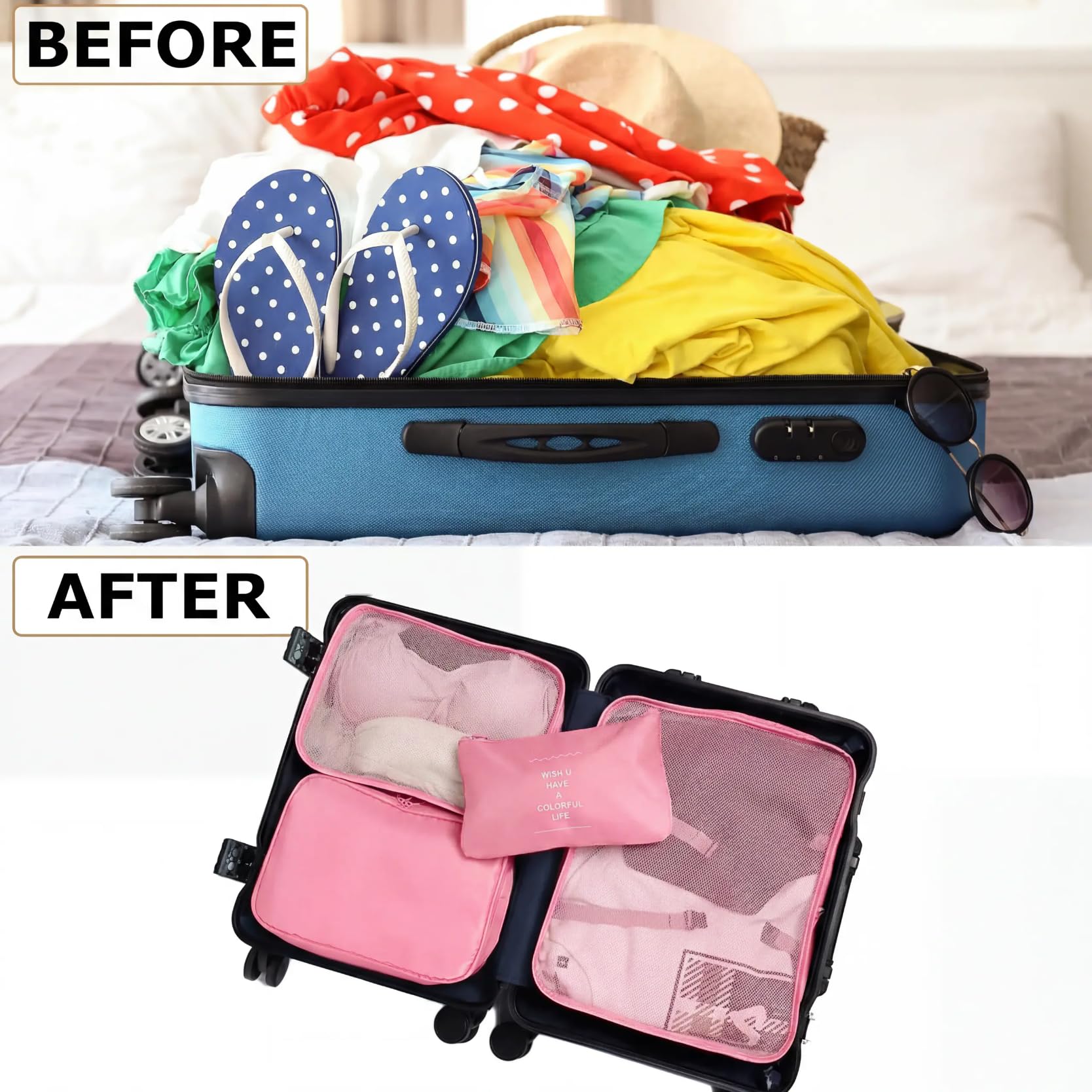 LANSKLBD 6/8 Set Packing Cubes for Suitcases Travel Luggage Packing Organizers,Travel Accessories Essentials Luggage Organizer with Shoe/Tioletry/Laundry Bag (Pink, 6 set) view 5