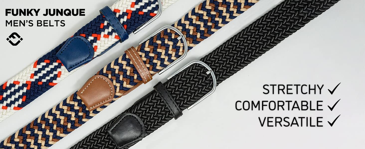 Funky Junque Elastic Stretch Woven Belts -Navy/Red/White Mix (XL)