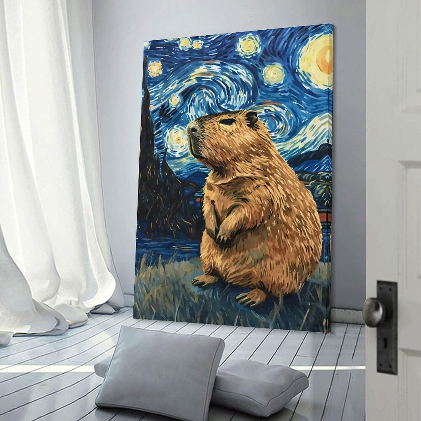 Junmoney Frame-Style-5 Capybara Starry Night Wall Picture Print, 20X30inch(50X75cm), For New Homes, Bedrooms Or Workspaces, Thoughtful Wall Decor For Art Lovers