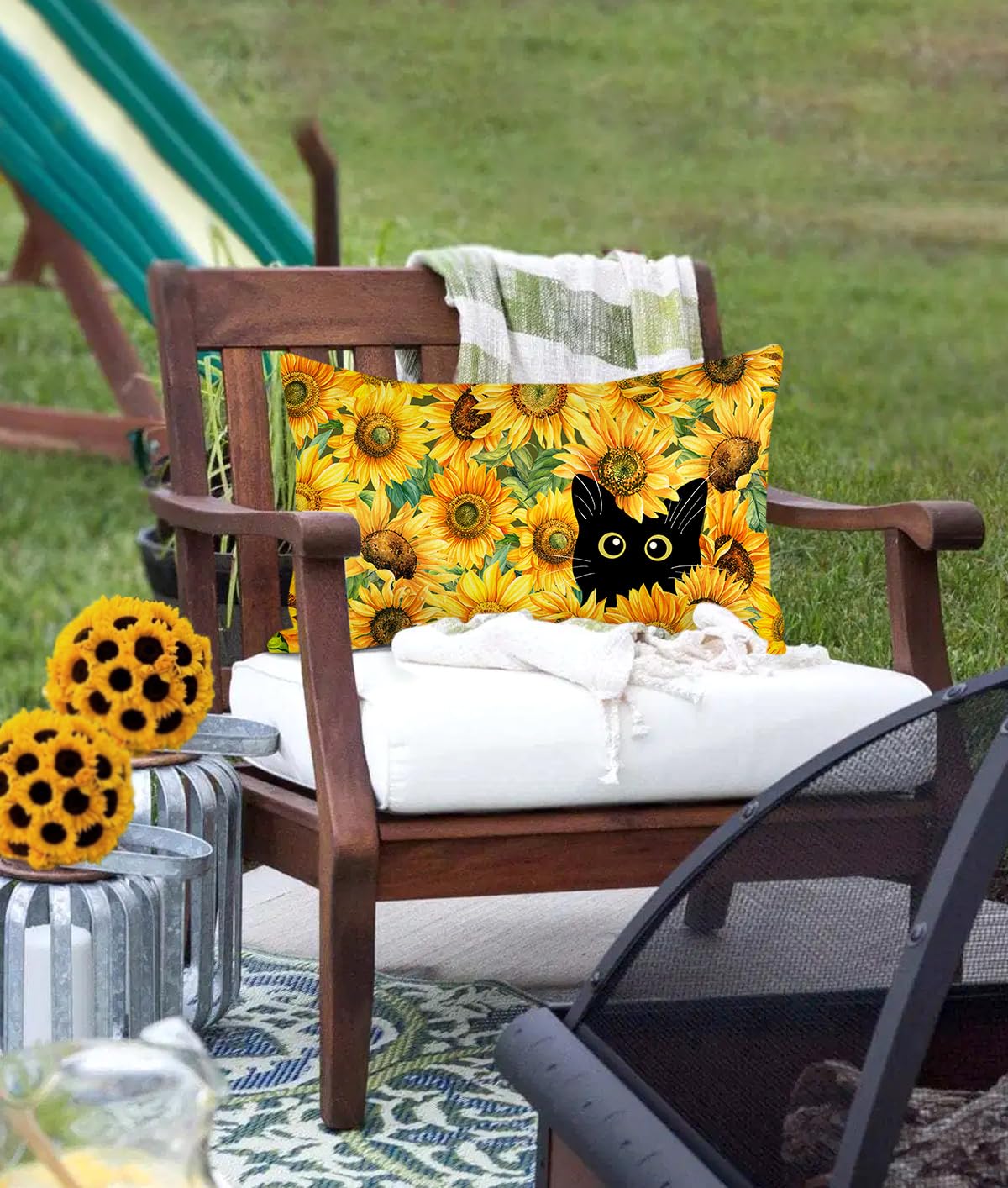 4TH Emotion Spring Summer Sunflowers Cat Lumbar Throw Pillow Covers 12 x 20 Inch, Yellow Flowers Welcome Farmhouse Holiday Cushion Case for Home Sofa Couch Decoration TH216-12 3