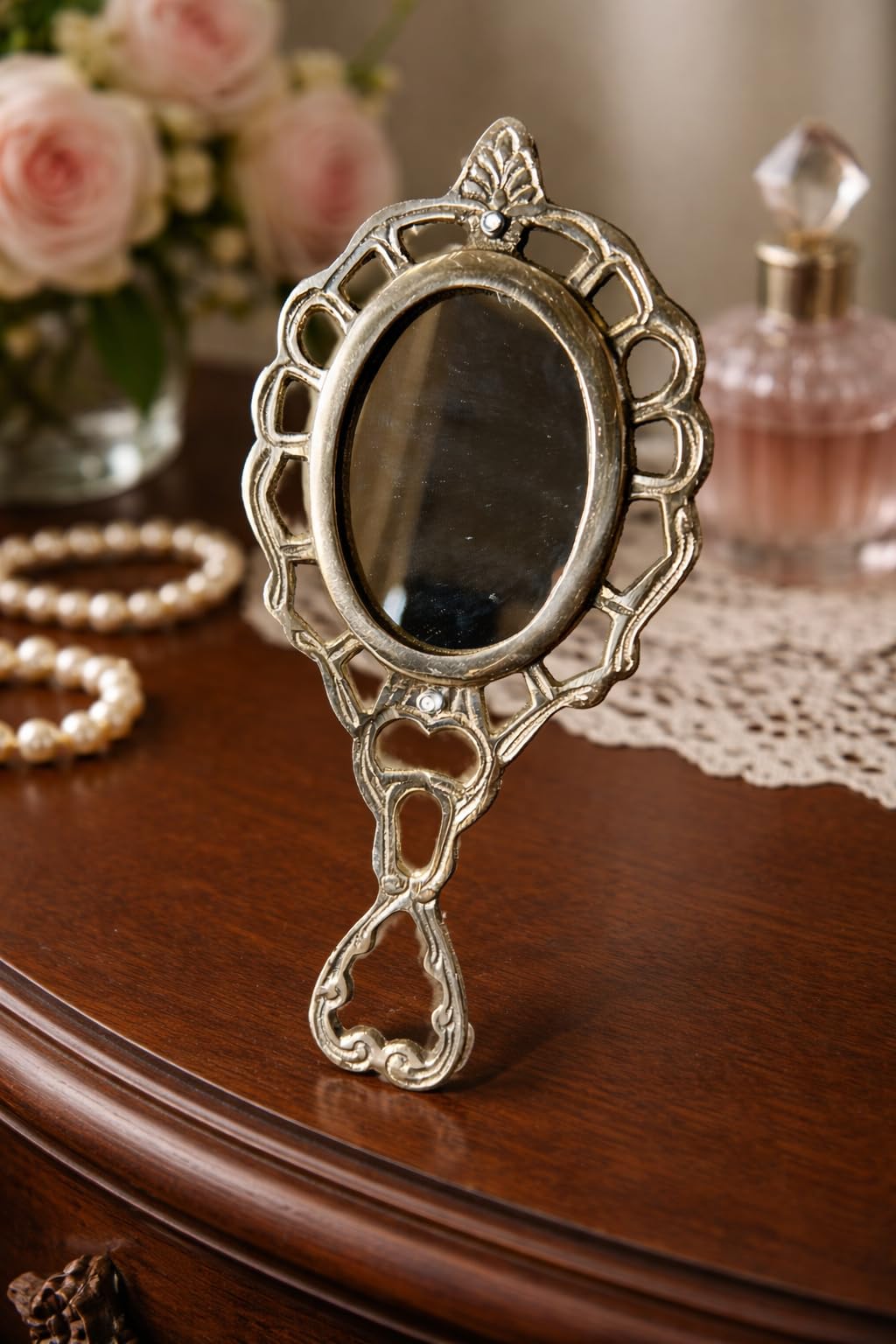 Presents Vintage Pure Brass Handheld Mirror with Handle – Antique Vanity Makeup Mirror for Dressing Table, Decorative Portable Travel Mirror-image-43