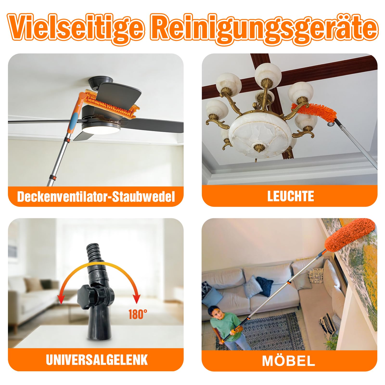 LAANPOLE 6M Staubwedel Teleskop Waschbar, Spinnwebenbesen mit Teleskopstiel, Staubwedel lang mit austauschbarem Reinigungstuch zum Reinigen von Deckenventilatoren, Decken, Lücken