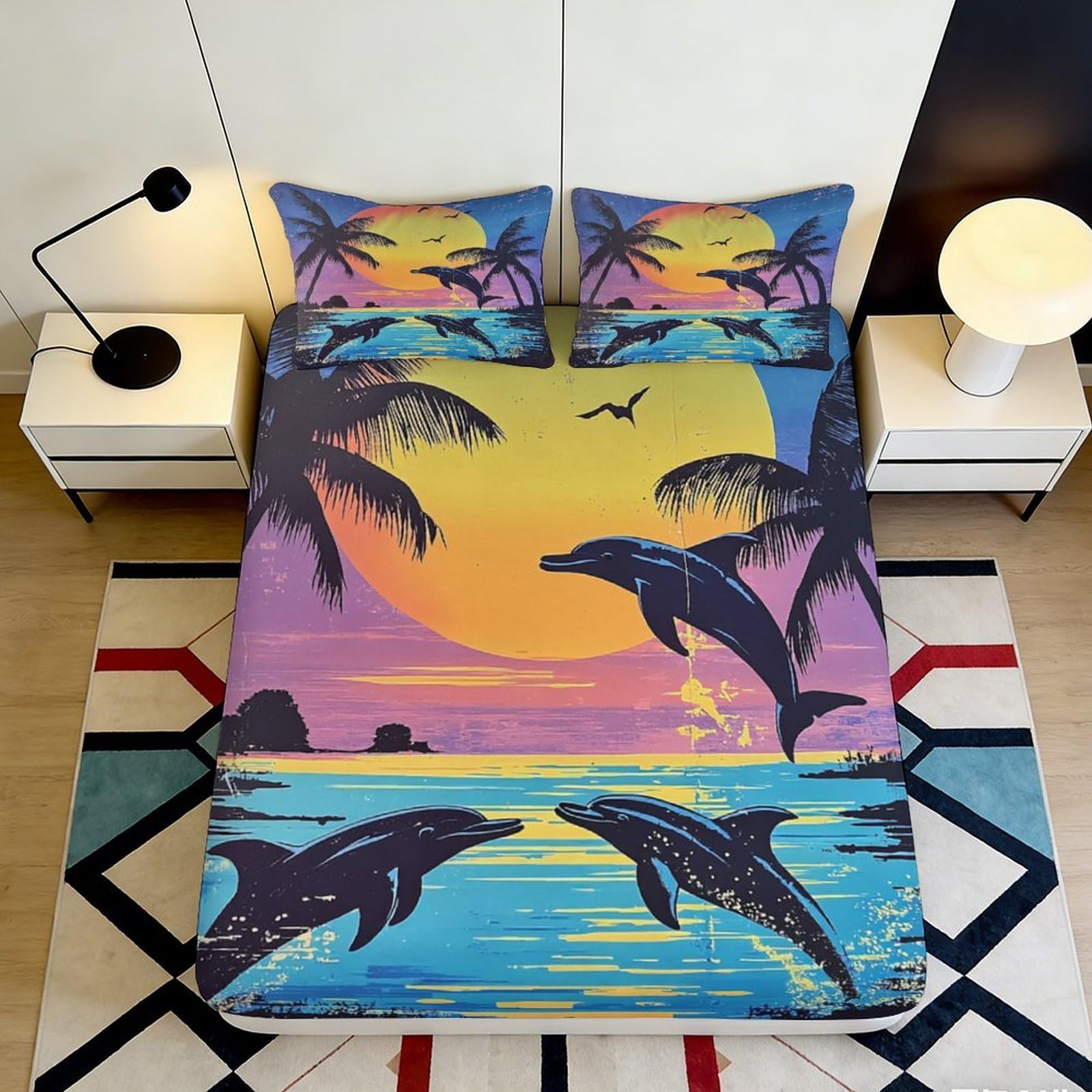 3D Printed Dolphin Sunset Fitted Sheet Microfiber Soft Breathable Palm Tree Bed Cover for Bedroom Dormitory Guest Room Mattress Protection Decor 120x200x25cm