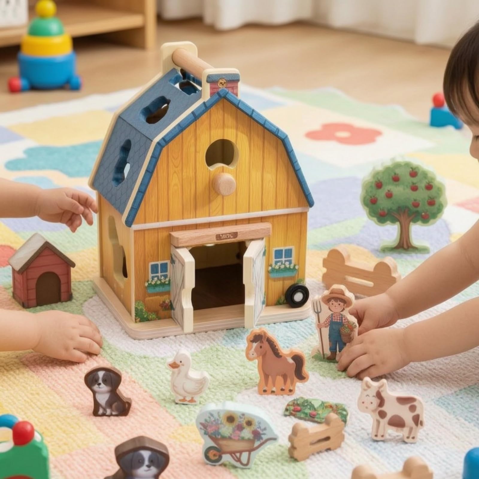 Juego de Emparejamiento Infantil Casa de Clasificación de Formas Bloques Madera Animales Granja con Adecuado para Reconocimiento de Formas Coordinación Rincón Educativo Actividades