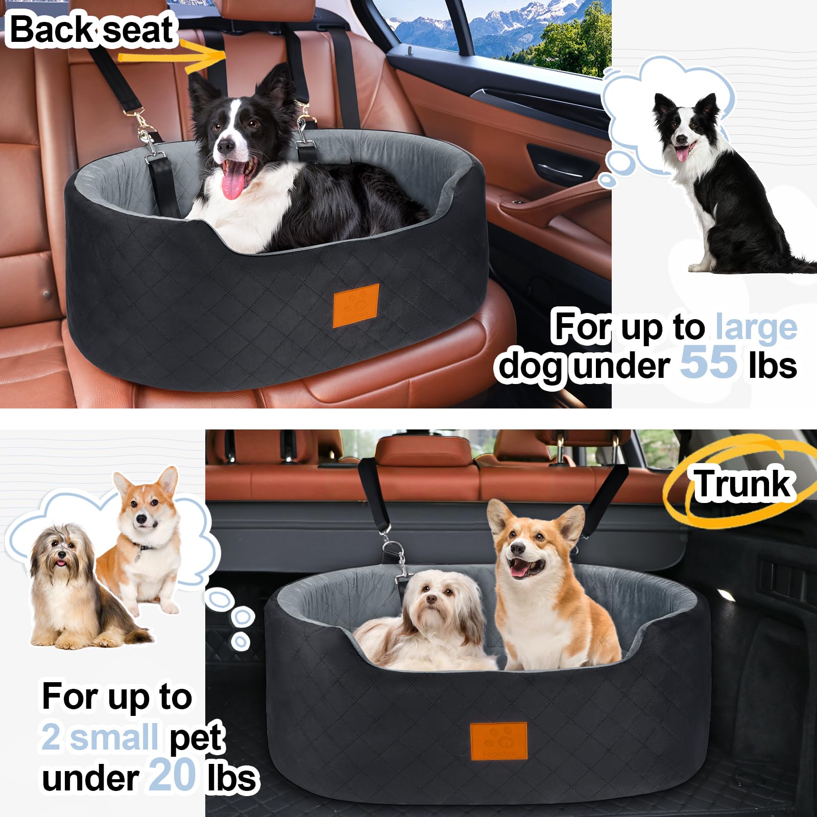 Hunde Autositz für große/mittlere Hunde (bis 25 kg) oder 2 kleine, Auto Hundesitz mit Sicherheitsleinen & waschbarem Kissen – für Rückbank