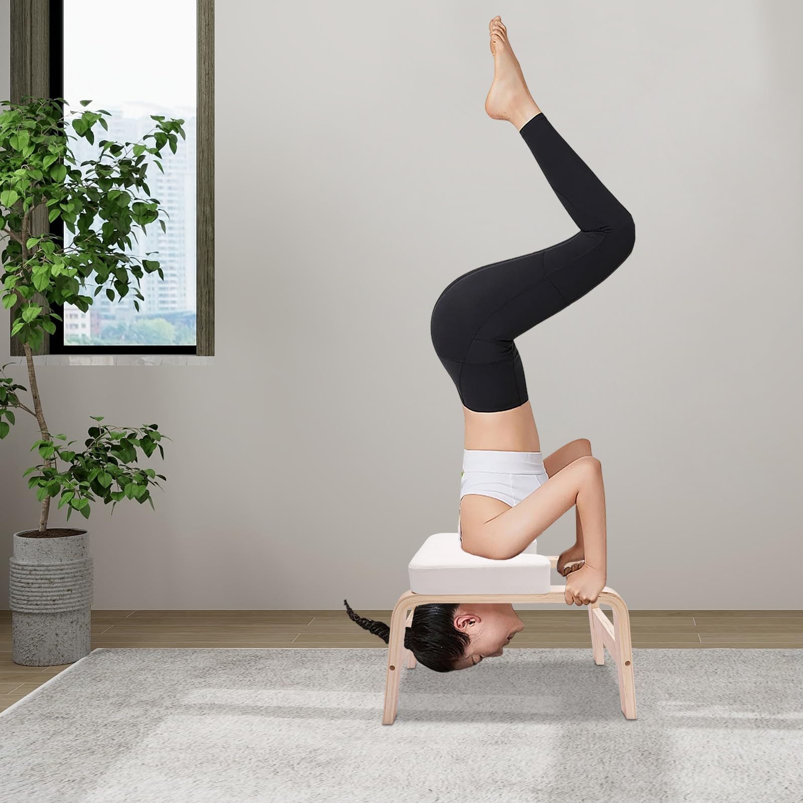 200 kg sgabello inversione yoga , sedia headstand legno PU per equilibrio | legno massello, PU, 200kg, H-base, cuscino spesso, blocco T rimovibile, per headstand & relax