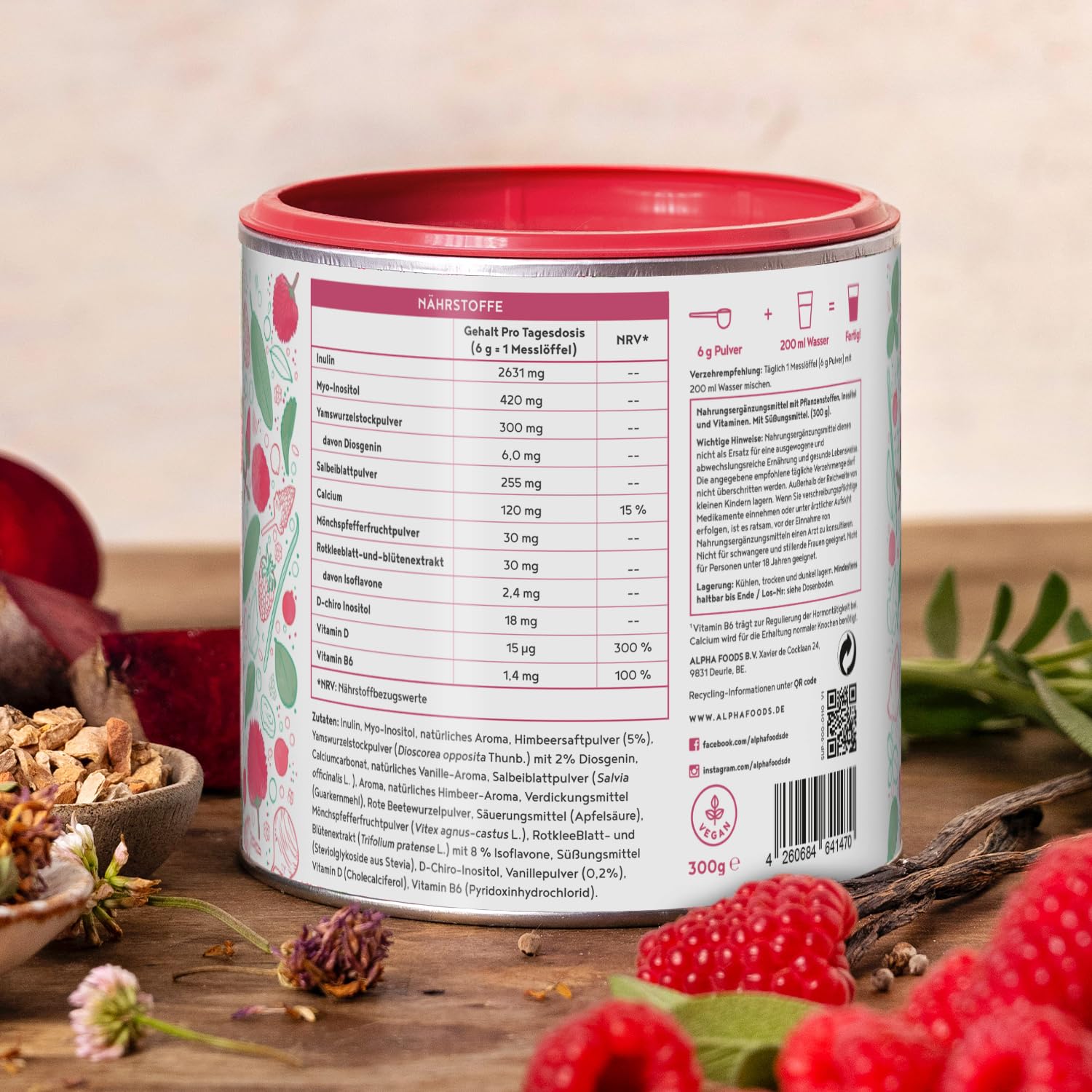 Menopause Elixier | 300g | Hormon Balance Pulver, nicht Kapseln | Hochdosiert Mönchspfeffer, Yamswurzel, Myo Inositol, Vitamin B6, D & Calcium | Wechseljahre Komplex | Vanille-Himbeer | Alpha Foods