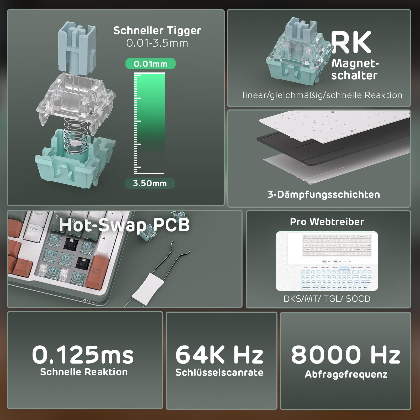 RK ROYAL KLUDGE C98 DE HE Teclado mecánico para juegos, interruptor magnético efecto Hall, intercambiable en caliente 95% RGB, activación de activación rápida ajustable, tasa de interrogación 8K, Pro