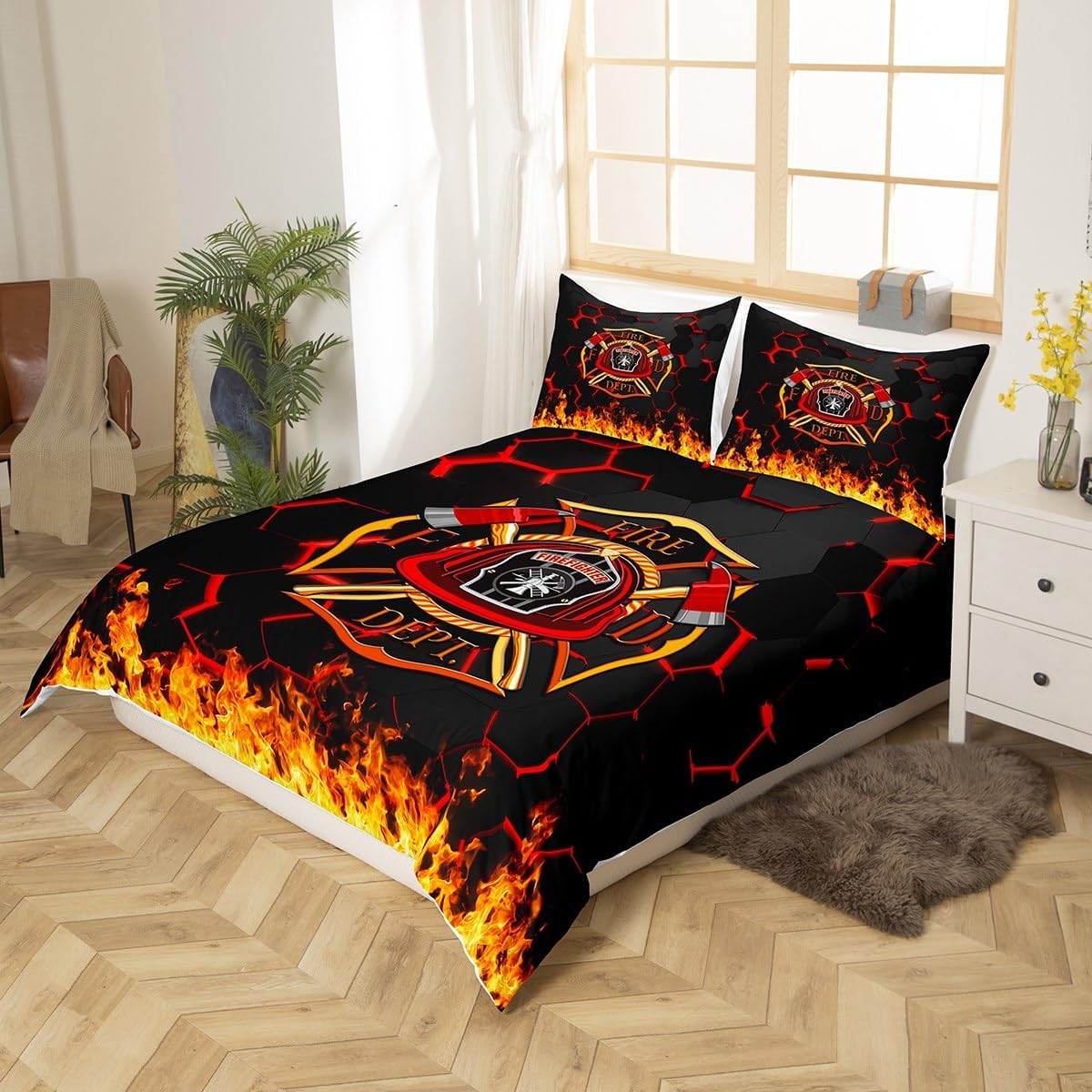 Fire Fighting Kids Duvet Cover Set Queen Size,Fire Fighting Truck Tool Flame Bedding Set,Boys Girls Adults Room Decor,Geometric Honeycomb Hexagon Comforter Cover,Red Black Quilt Cover,2 Pillowcases
