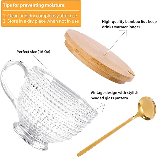 Miniatura 2 de Juego de 2 tazas de café vintage de vidrio, tazas de café grandes de vidrio transparente de 16 onzas, vasos de té de agua, vasos para beber, juego