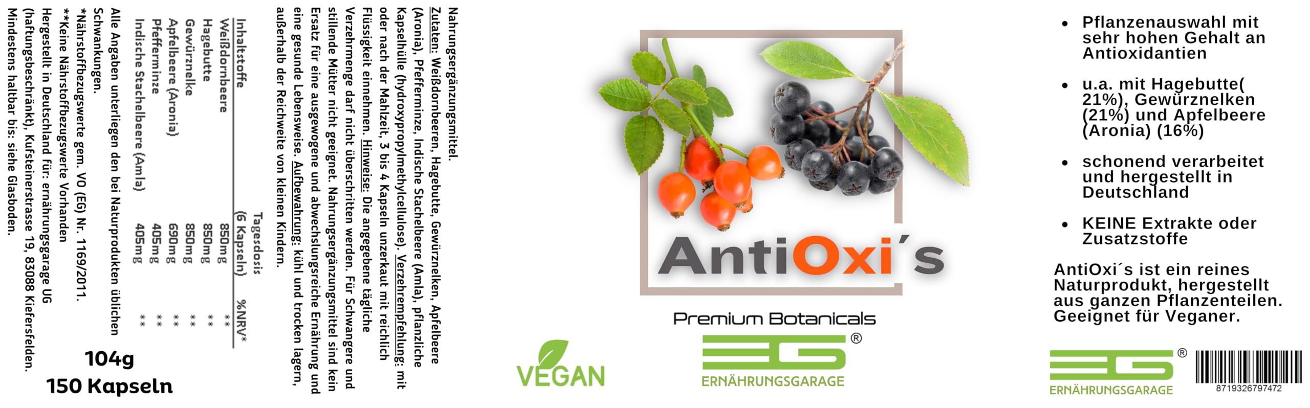 AntiOxi´s – 150 Kapseln | Pflanzenkomplex mit sehr hohen Antioxidantiengehalt | empfohlen zu jeder Mahlzeit | KEINE Extrakte, Zusatzstoffe o. Insekten | Premium Botanicals aus der ernährungsgarage