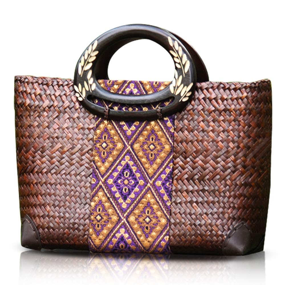Women Summer Retro Straw Bag with Printing Hand-woven Beach Handbag Leaf Pattern Wooden Handle Boho Tote Bag Shopping
