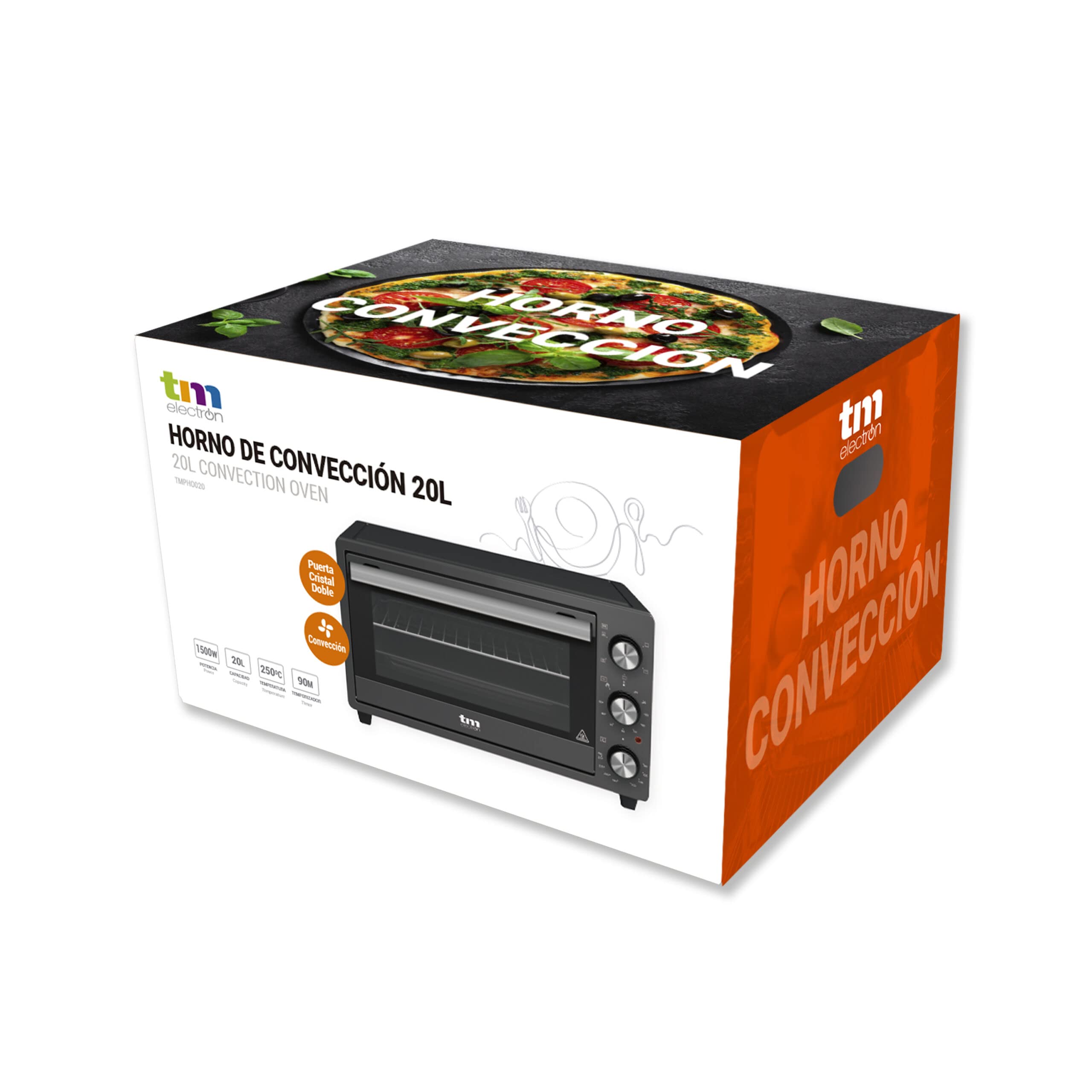 TM Electron TMPHO020 - Forno a convezione da tavolo, 5 funzioni, capacità 20 litri, timer 90 minuti, temperatura regolabile da 80° a 250°, 1500W