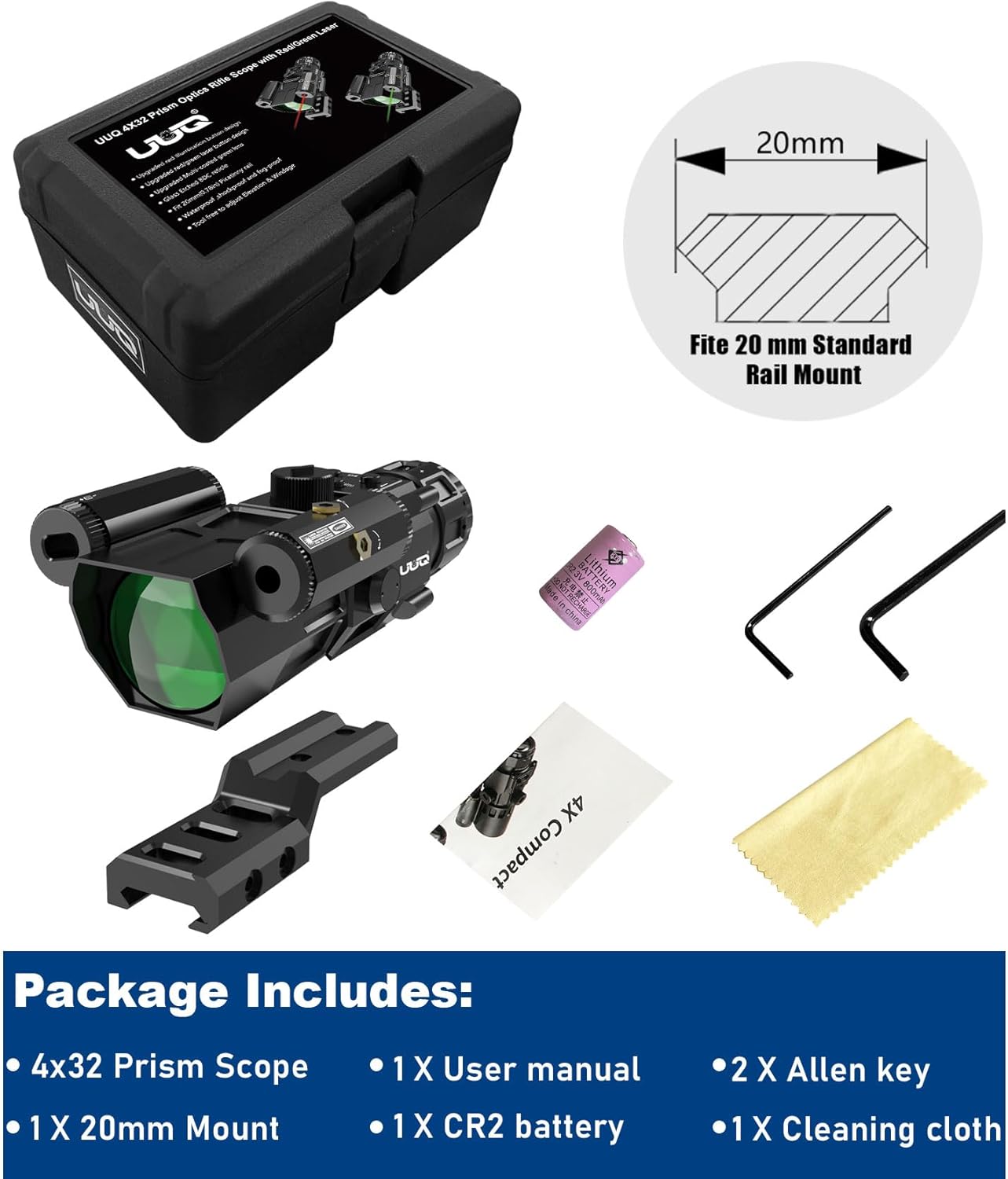 UUQ 4X32 Prism Optics Rifle Scope with Red Laser,Red Illuminated Reticle,Upgraded Buttons,and Glass Etched Reticle 4X Magnification-Fits 20mm Free Mounts