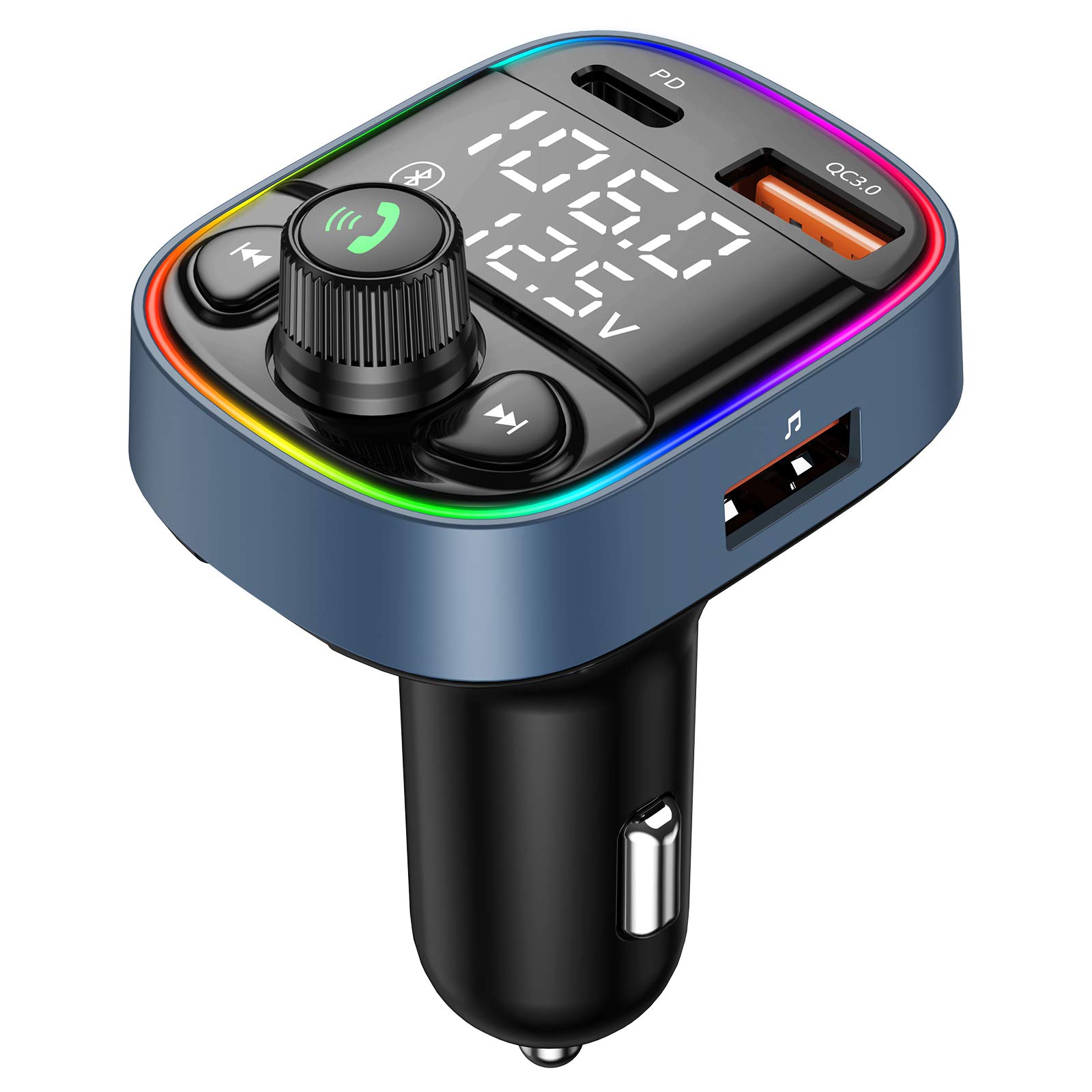 Bluetooth FM Transmitter for Car, V5.0 Bluetooth Car Adapter with QC 3.0 + PD 3.0 Fast Charger with LED Backlit, Hands-Free Calling Support U Disk/TF Card