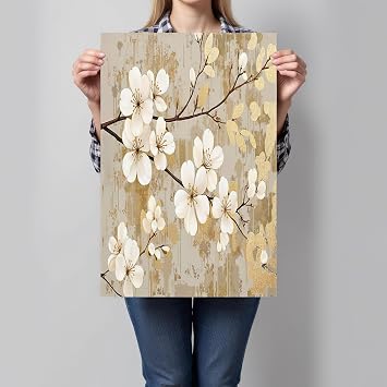 UnFramed Light Beige Canvas Wall Art Retro Ink Painting White Cherry Blossoms Canvas Painting Pictures for Living Room Bedroom Bathroom Hallway Home Wall Decoration 40 x 50 cm