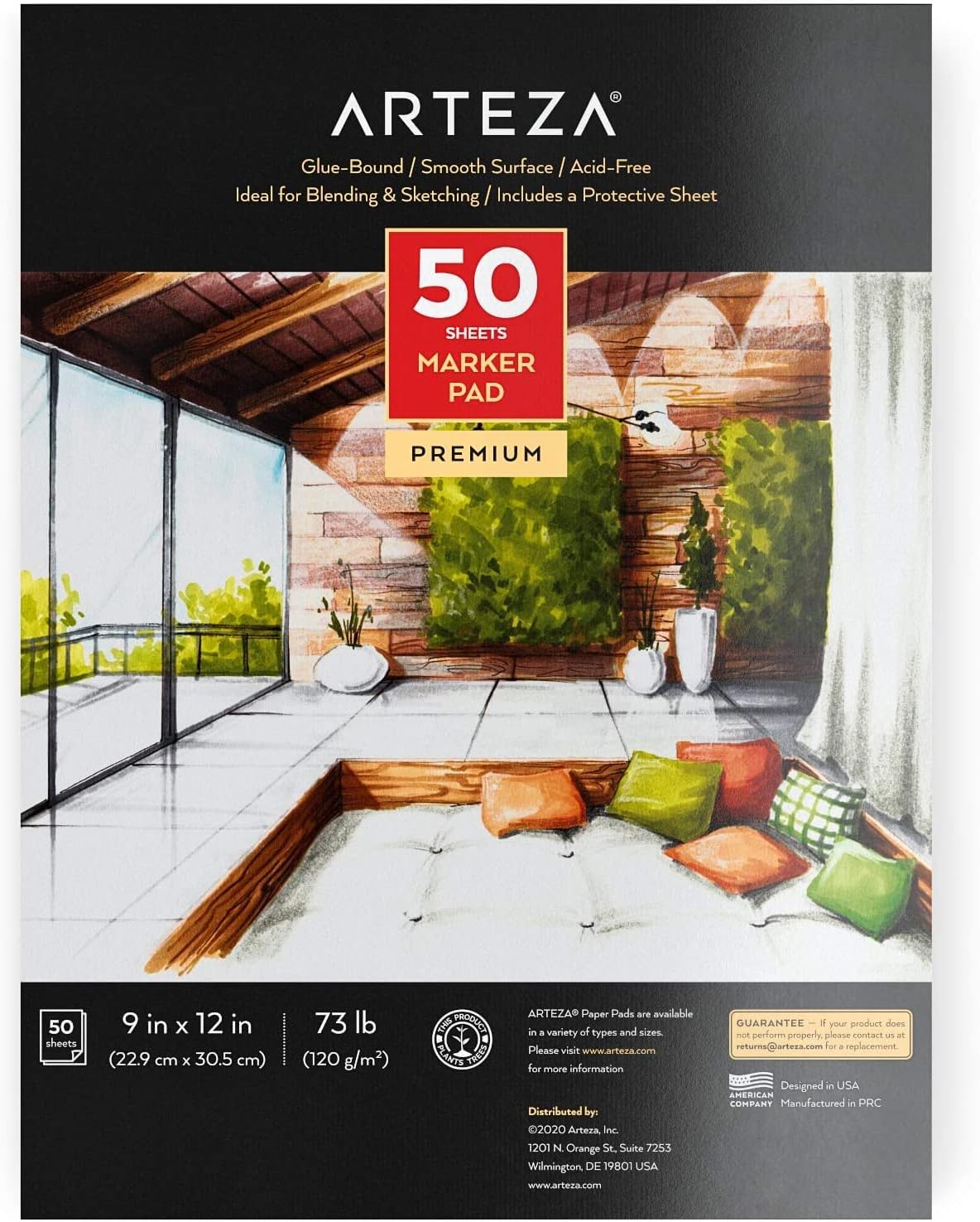 Arteza Marker Paper Pad, 22.9 x 30.5 cm, 50 Sheets, Glue-Bound, Smooth Coated 120-gsm Marker Paper for Pigment & Alcohol Markers, for Drawing, Sketching, Colouring, and Lettering