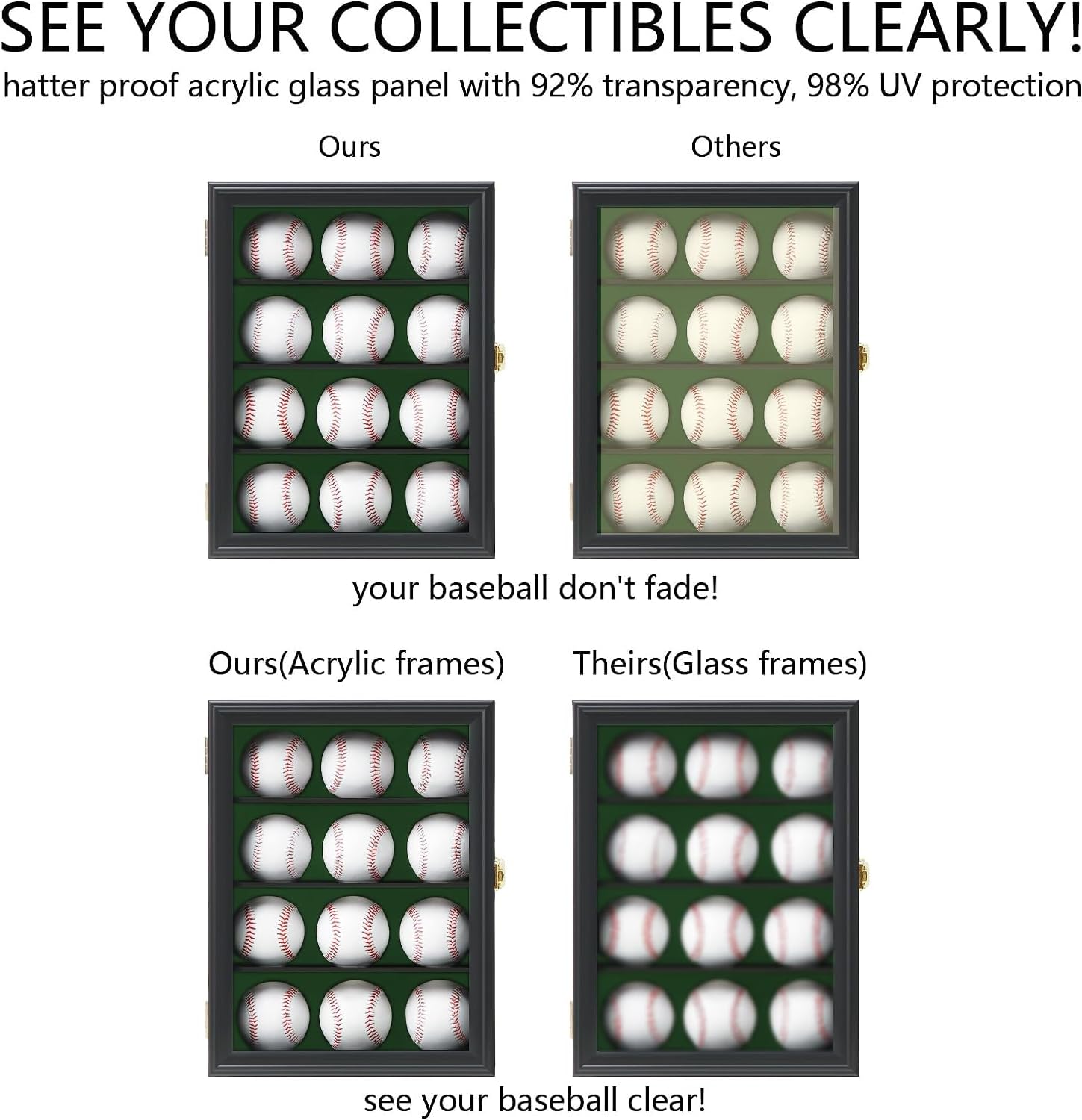 Verani Baseball and Baseball Bat Display Case Lockable Wood Cabinet Rack Holder for Baseball Shadow Box with UV Protection Acrylic Door Wall Mount Display Cabinet for Baseball Enthusiast Collectible