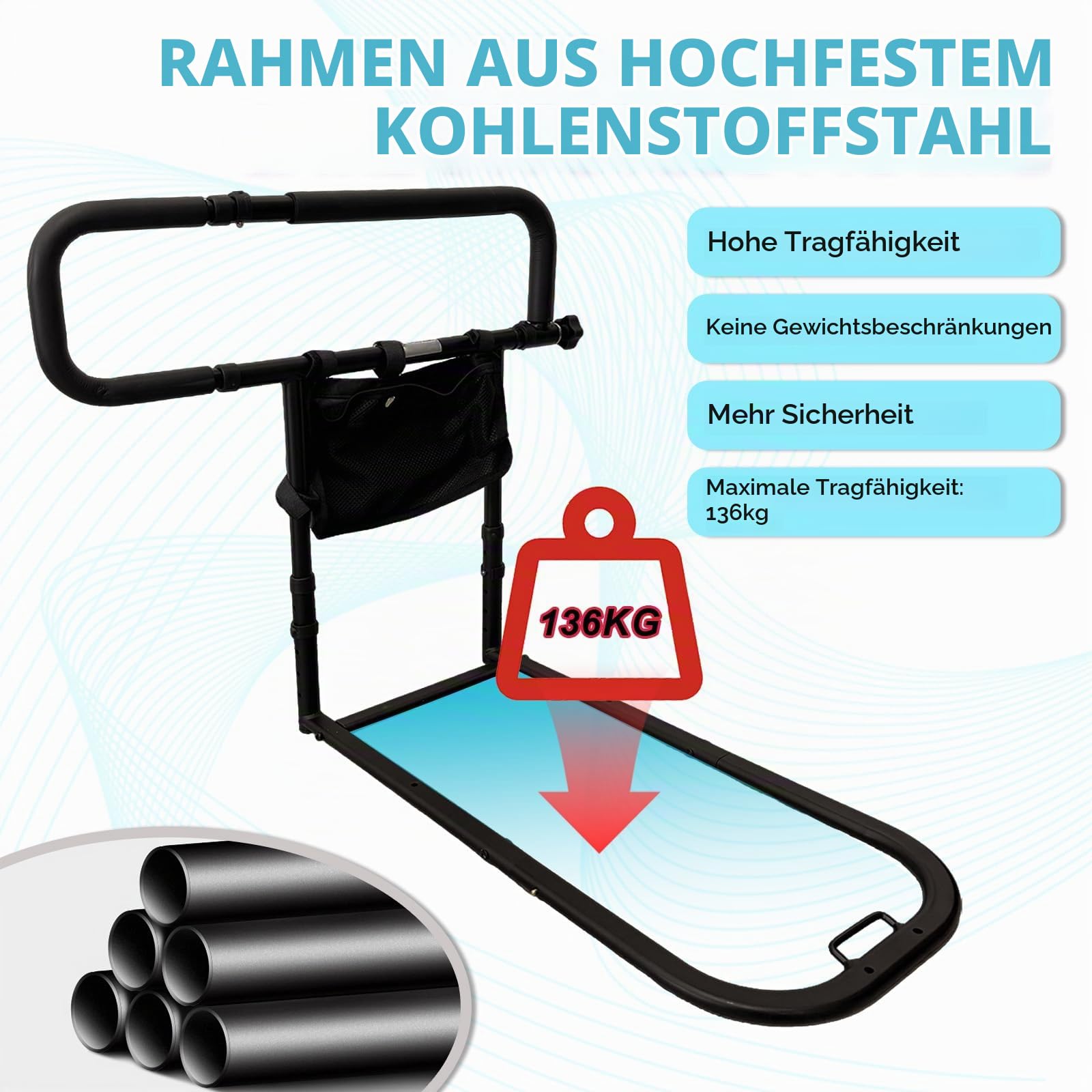 KATKLIU Bettgitter für Senioren – 60.5~80.5cm Langes Faltbares Bettgeländer mit Höhenverstellung – Sicherheitsstütze für Pflege, Genesung, Senioren, Einstiegs- und Aufstehhilfe
