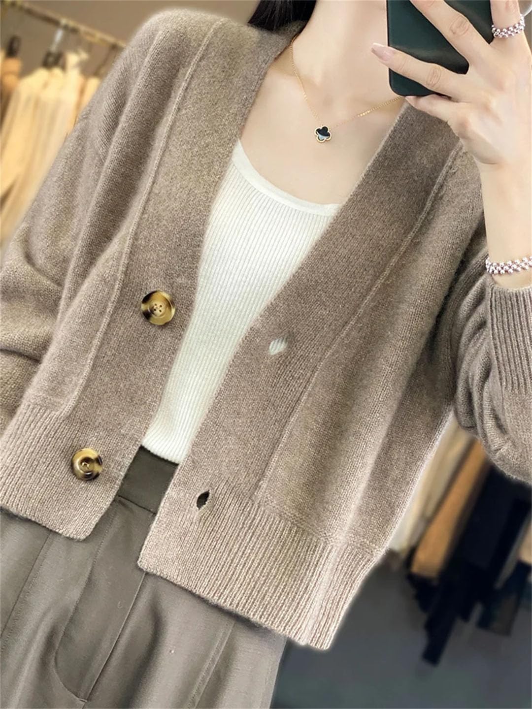 Damen Wolle Cardigan V-Ausschnitt Langarm Kaschmir Strickwaren Herbst Winter Pullover Vintage Tops