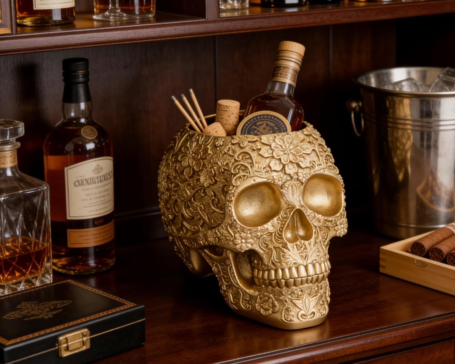 Skull Bowl Decorative Skull Vase Makeup Brush Pen Holder Organizer Dresser Gothic Table Organizer Decoration, Gold Skull Pot Enthusiasts Gifts