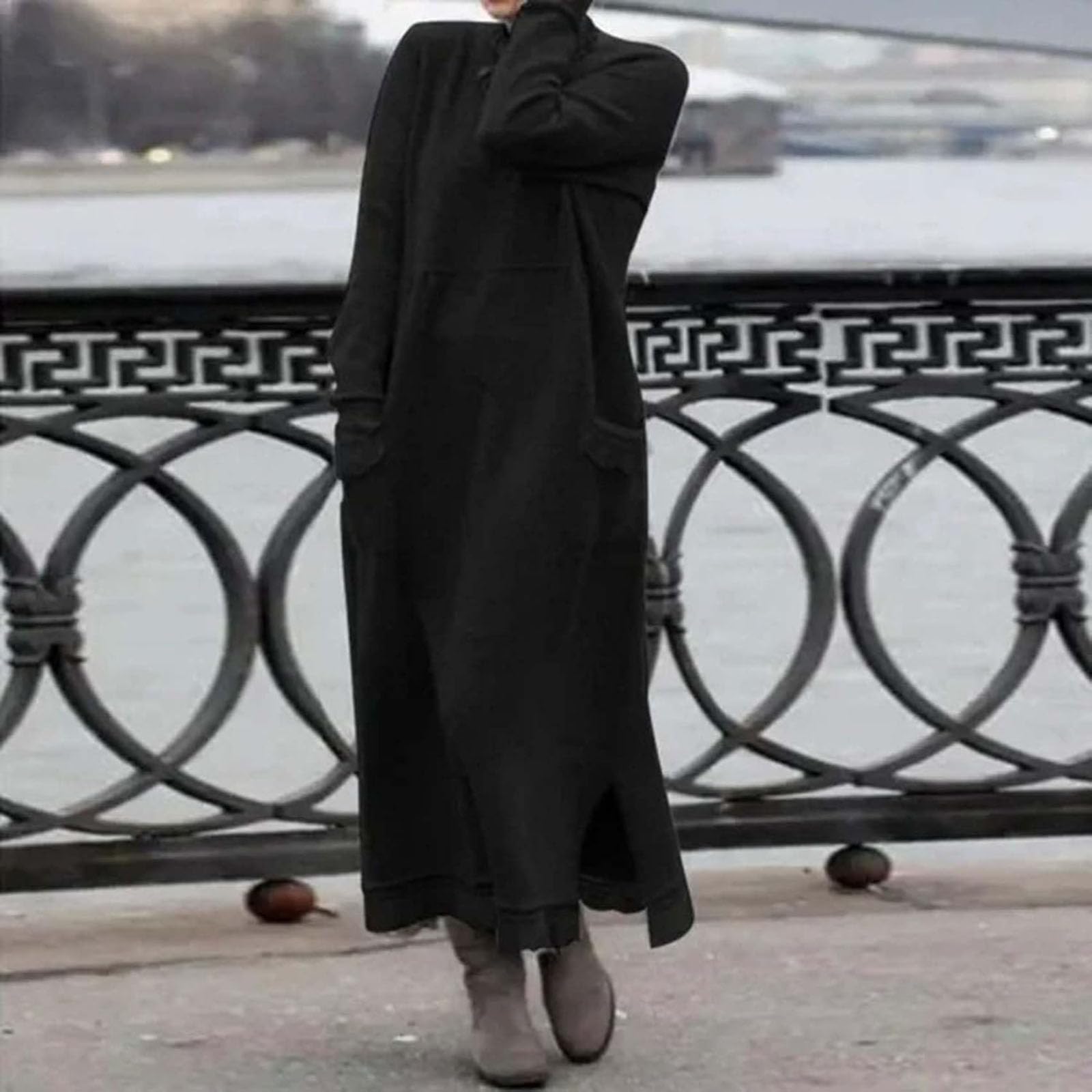 Vestido Largo Holgado de Encaje de Talla Grande, Vestido Largo de Cuello Redondo de Encaje Liso para Mujer, Vestidos Casuales Holgados de otoño