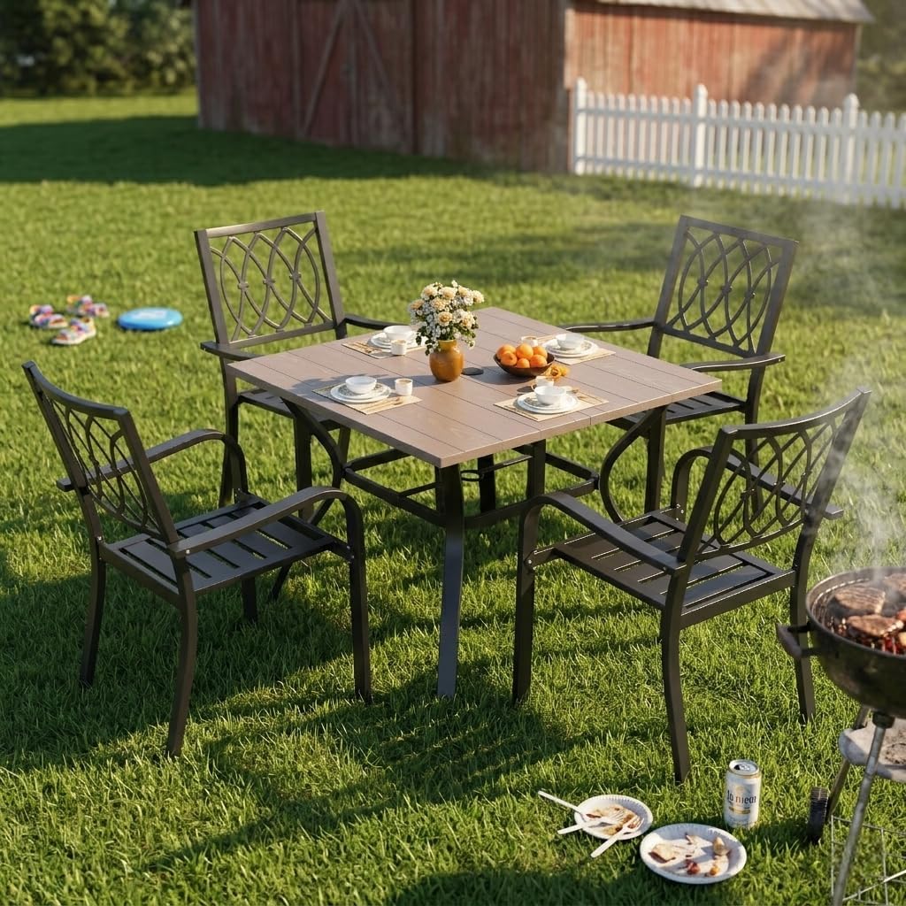 5-Piece Outdoor Patio Dining Set with 4 Iron Chairs (350 Lbs Capacity Each) and 37.8 Inch Square Wood-Grain Metal Table with Umbrella Hole. Rustproof, Ergonomic Slat Design, 30-Minute Quick Assembly.