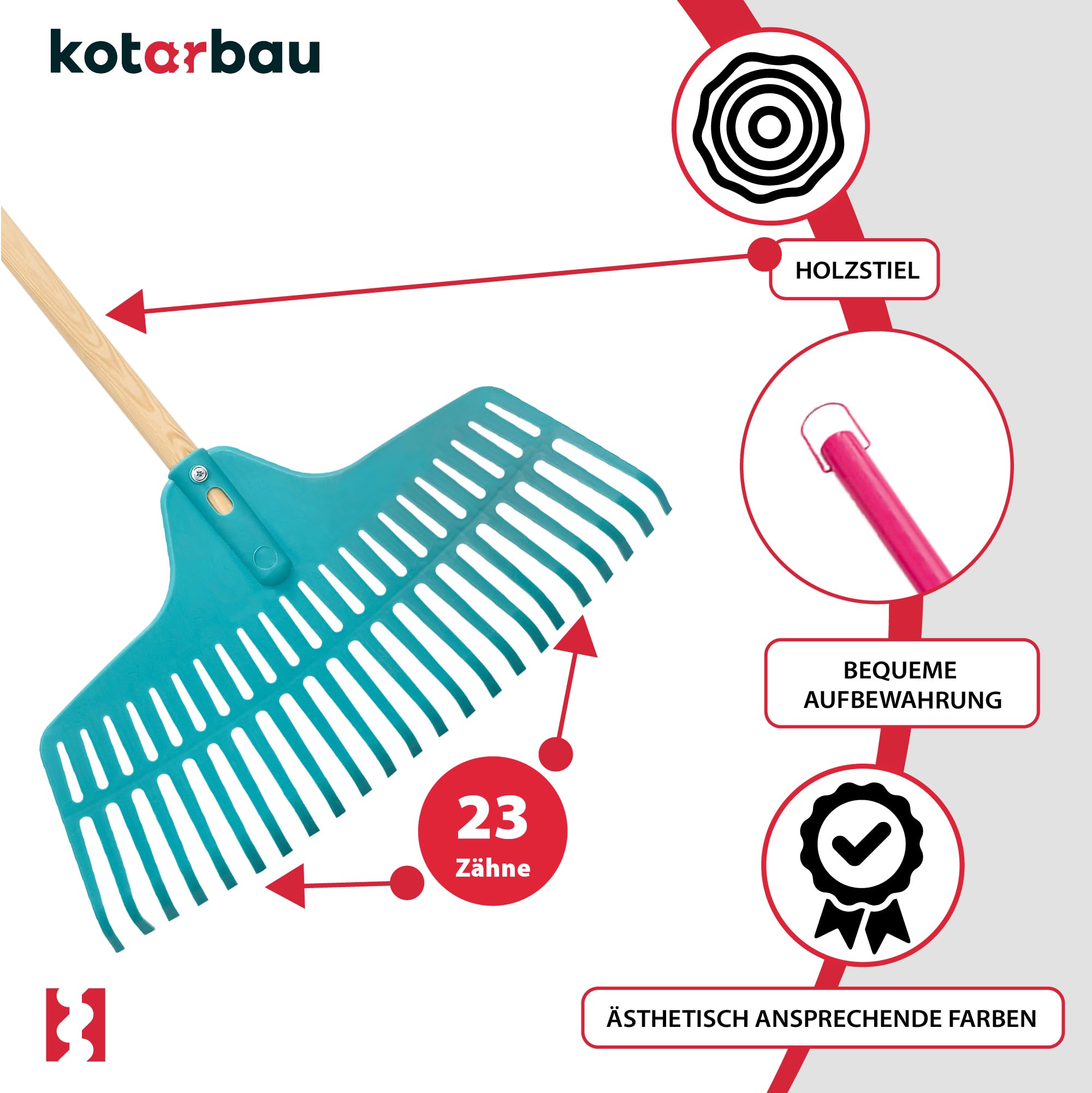 KOTARBAU® Grabie do Liści - 46 cm - Grabie do Trawy - Plastikowe - Niebieskie - Drewniany Trzon