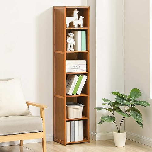 Miniatura 2 de Magshion Estantería estrecha de 6 niveles, color marrón, estante de torre multimedia, 12.2 pulgadas de largo x 11.4 pulgadas de ancho x 59.1