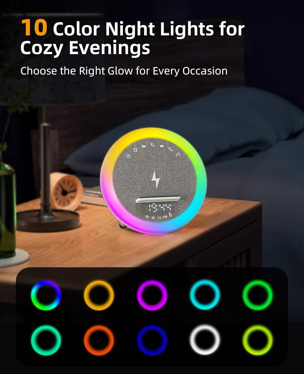 Lampe Chargeur sans Fil, Réveil avec Chargeur à Induction, Haut-Parleur Bluetooth éclairage ambiant synchronisé avec la Musique, Réveil numérique, pour lit/Salon